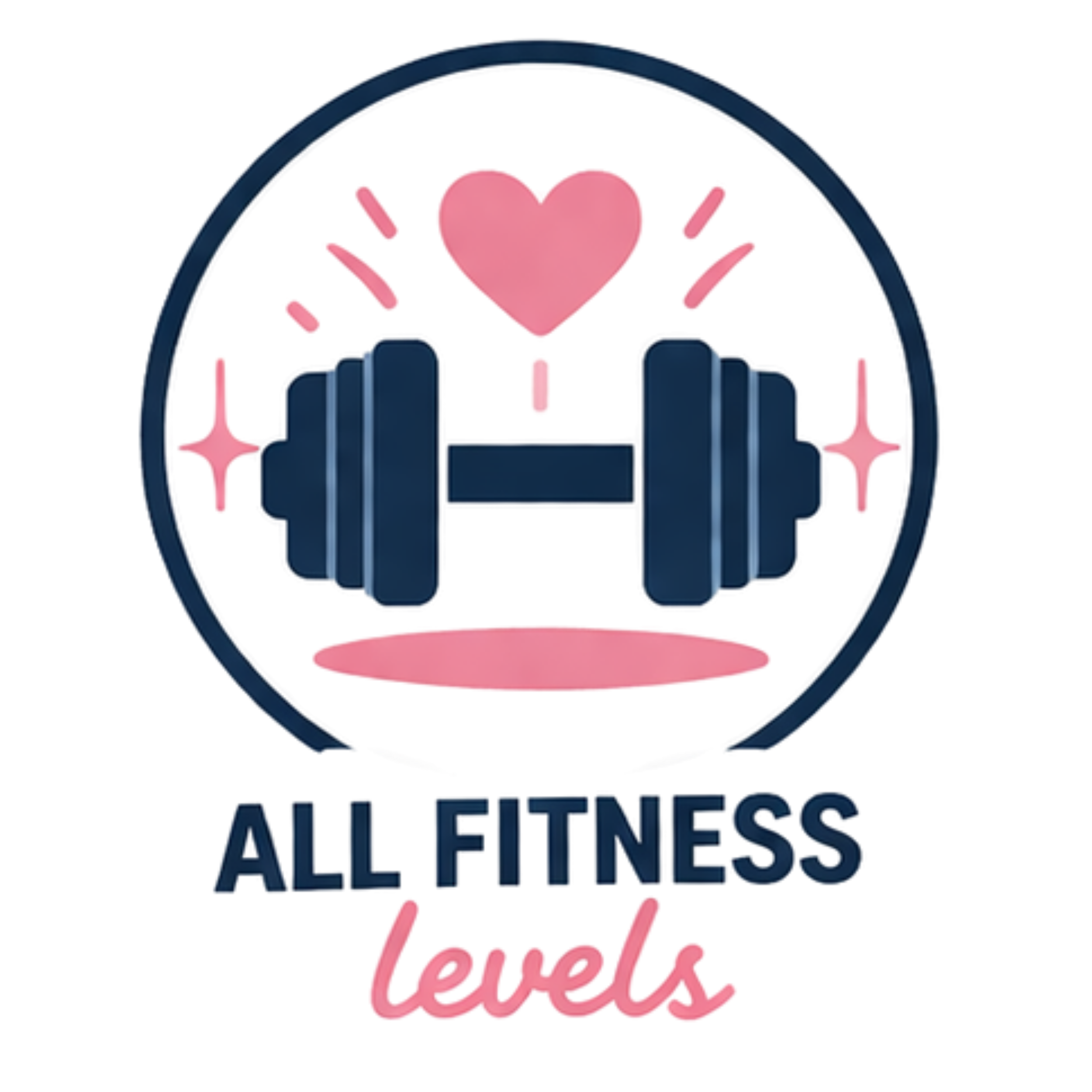 Neon sign with a pink heart, a dumbbell, a brain, and sparkles, with the words "All Fitness Levels" in blue and pink text.