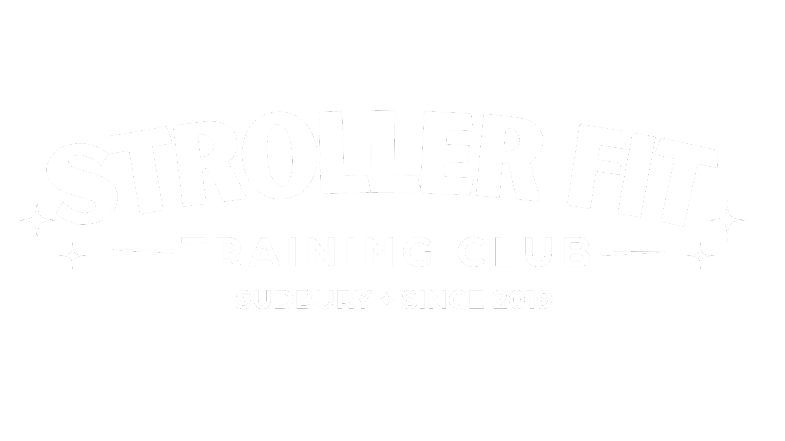 Logo for Stroller Fit Training Club, featuring white text on a black background with decorative stars, located in Subbury since 2019.