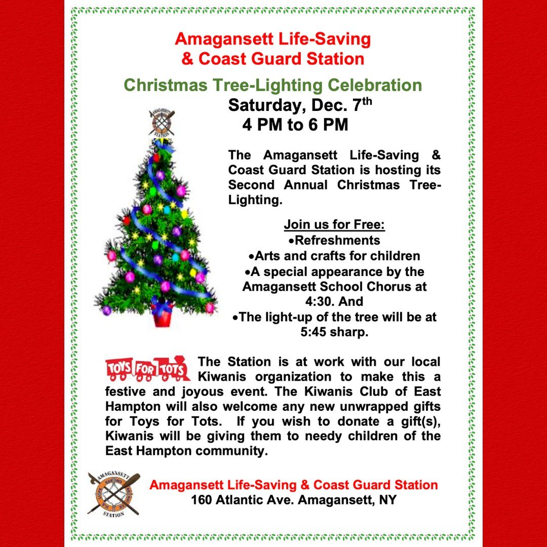 This Saturday the Amagansett Life-Saving &amp; Coast Guard Station will host the Second Annual Christmas Tree Lighting 🎄. Stop by for refreshments, arts &amp; crafts, holiday carols and the lighting of the tree starting at 4 p.m. 

Bring an unwrappe