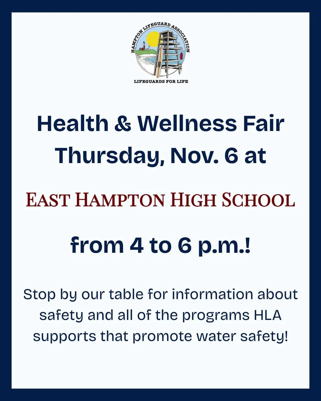 easthamptonhighschool will be hosting a Health &amp; Wellness Fair on Thursday, November 6th from 4 to 6 p.m.! 👏✨ HLA will have a table set up with information on water safety and all the programs that HLA supports that promote water safety. 🛟🌊 We