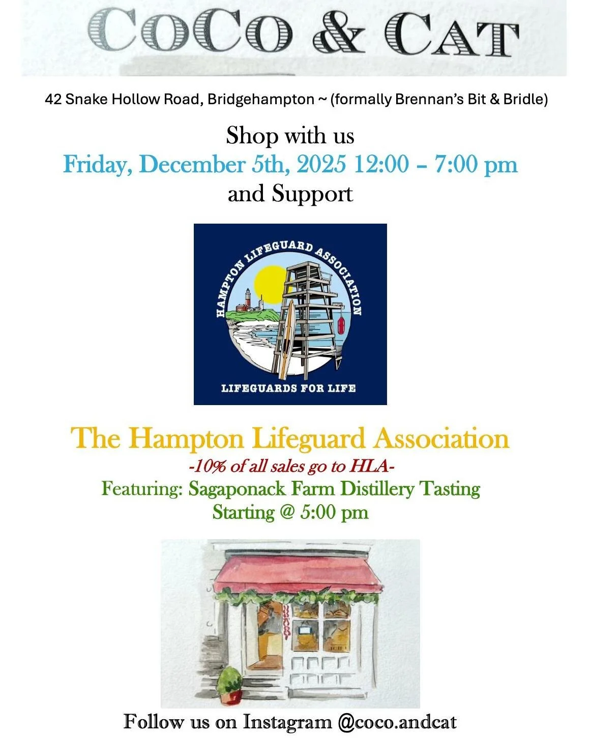 Shop and Support HLA! 🛍 Shop at @coco.andcat in Bridgehampton this Friday, December 5th and 10% of all proceeds go to HLA!  Open 12 to 7 p.m. and enjoy a Sagaponack Fram Distillery Tasting at 5 p.m. Sip, Shop and Support HLA! 🍸👏

#HamptonLifeguard
