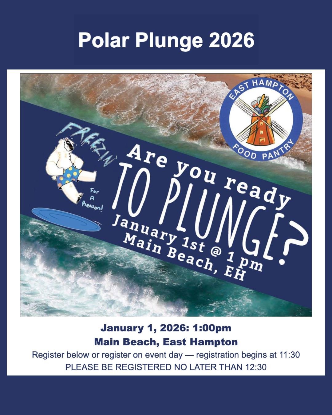 Have you registered for the East Hampton Food Pantry's 2026 Polar Plunge yet? 🥶🌊 We're going to be freezin' for a reason on January 1st at Main Beach in East Hampton, we hope to see you there! Click 📲 the link in our bio to register ahead of time.