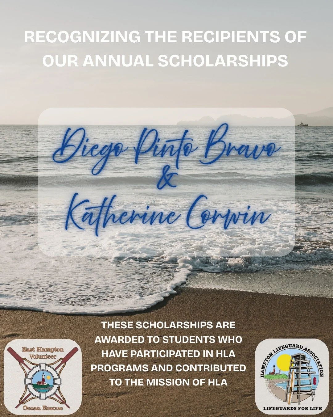 Congratulations are in order! 🥳 

Last Thursday, two high school seniors were awarded the Hampton Lifeguard Association/East Hampton Volunteer Ocean Rescue scholarship!👏 We wish both Diego and Katherine the best of luck as they continue their acade