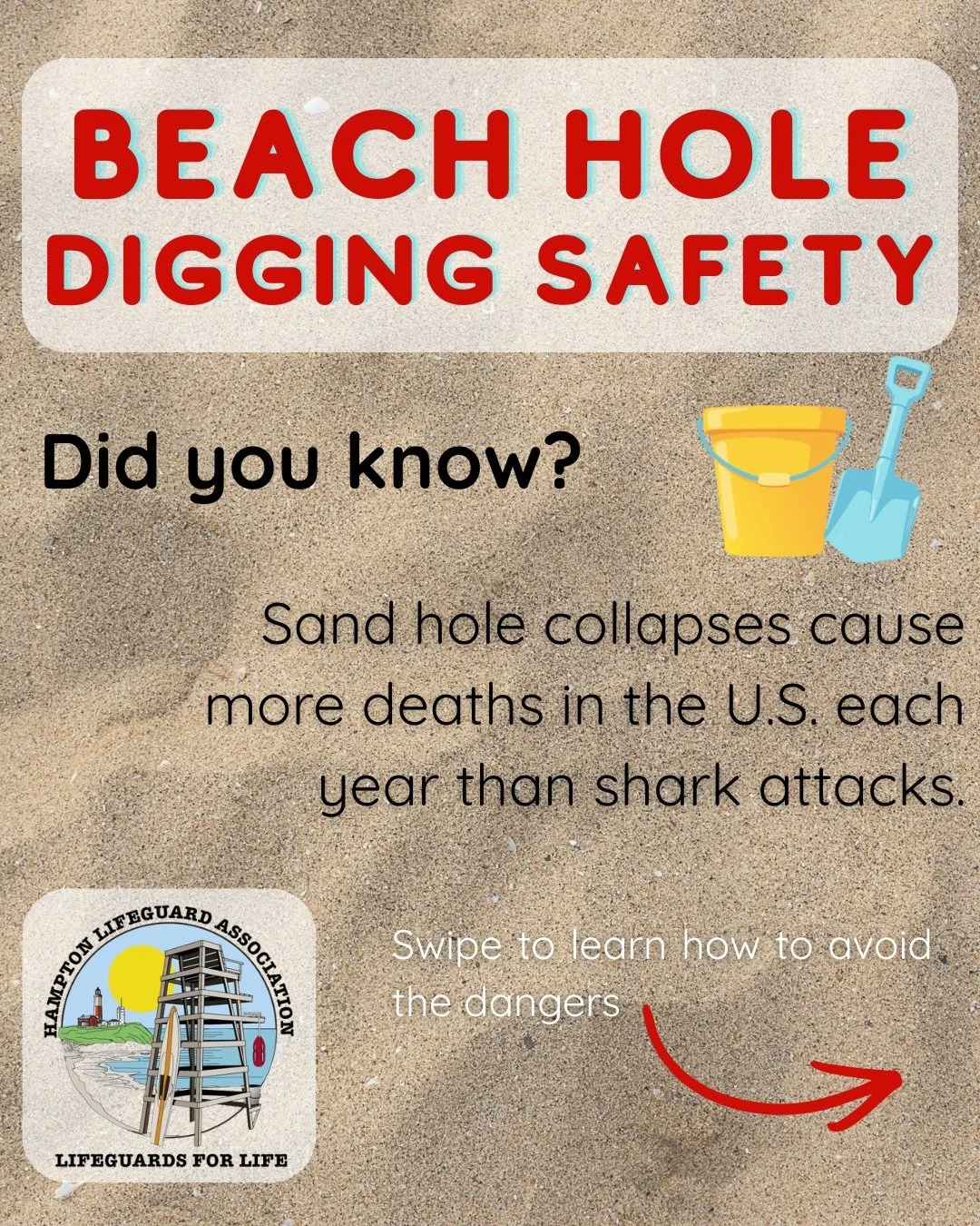 Beach Hole Digging Safety 🏖️

Digging in the sand is a favorite beach activity for many families, but deep holes can pose a serious safety risk.

Deep holes and sand tunnels can become unstable without warning, creating hidden hazards for beachgoers