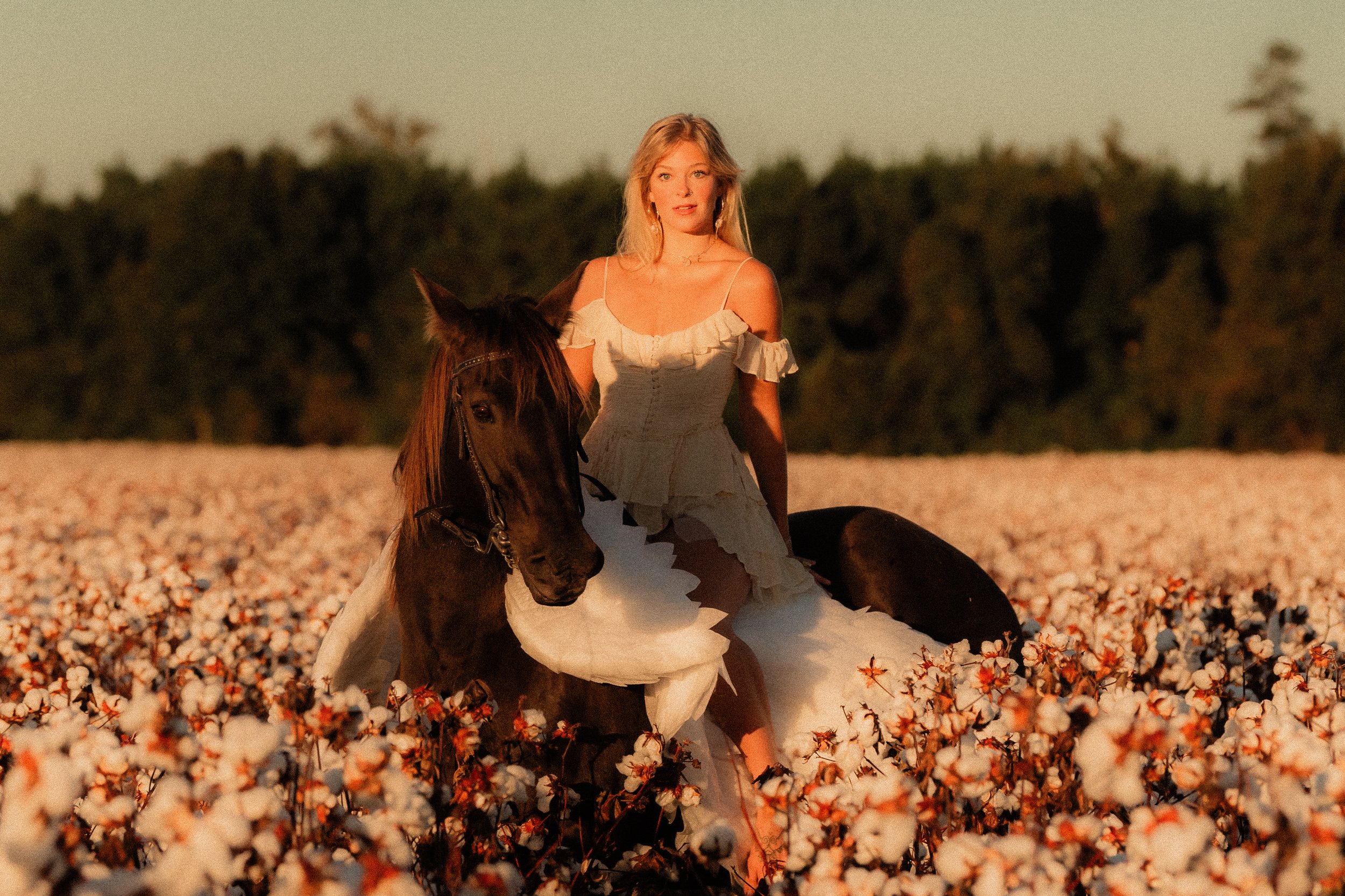 girl in a white dress riding horseback through a cotton field