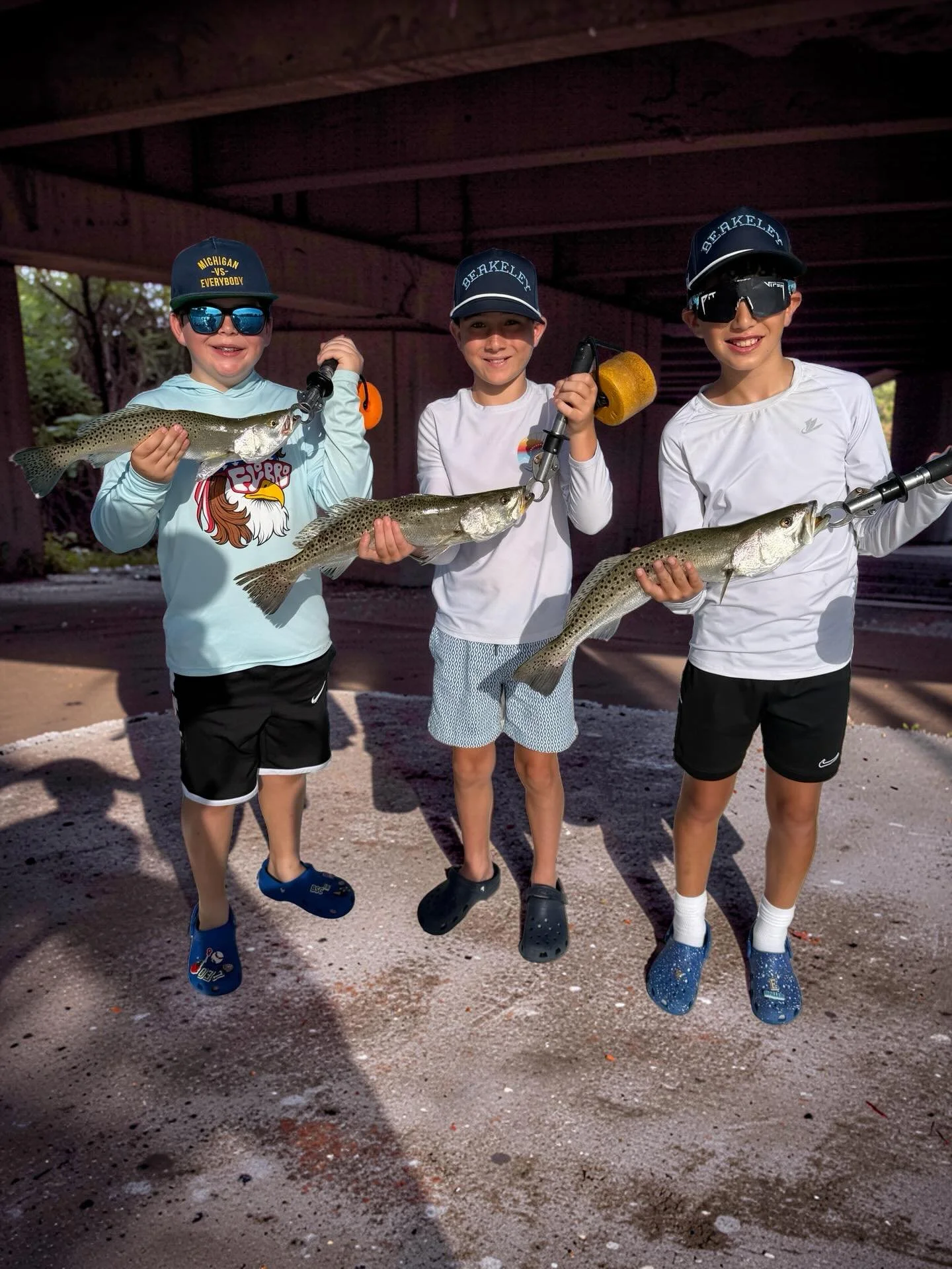 This fun crew of boys caught all these fish under the bridge and ironically enough my man Lucky Leo can play that song on the guitar as well! Trout bite still on fire and &ldquo;boat slam&rdquo; in full effect!  Book your next boys trip @strikeonefis