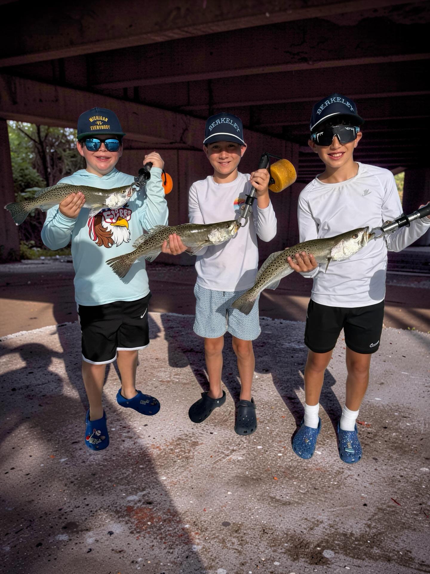 This fun crew of boys caught all these fish under the bridge and ironically enough my man Lucky Leo can play that song on the guitar as well! Trout bite still on fire and &ldquo;boat slam&rdquo; in full effect!  Book your next boys trip @strikeonefis