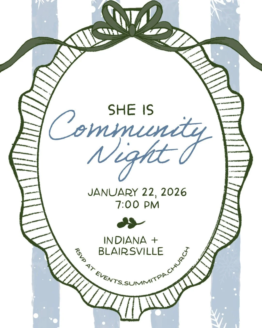 ONE WEEK AWAY 🤍⁠
⁠
She Is Community Night is almost here, and we&rsquo;re gathering with hearts ready to encounter Jesus at our Summit Blairsville and Indiana Campuses.⁠
⁠
Join us at 6:15pm for community around coffee + tea, then we&rsquo;ll move in