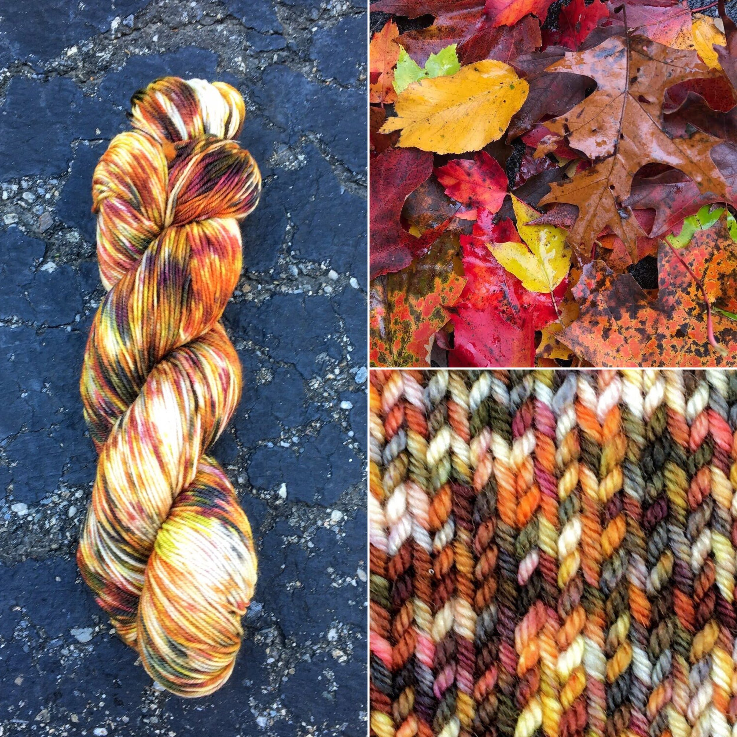 A skein of yarn in orange, purple, yellow, and white; Fall leaves on the ground; A swatch of knit yarn