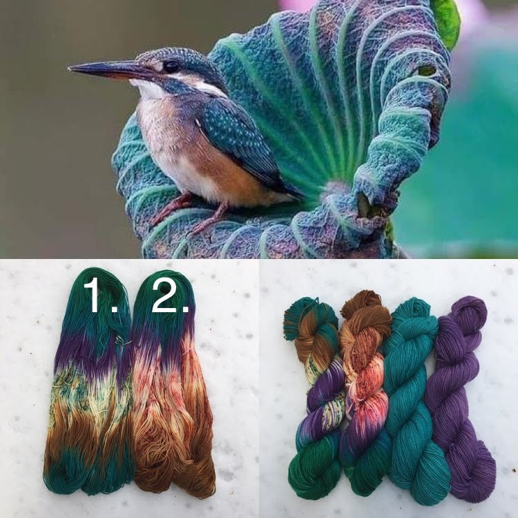 A bird perched inside a flower; skeins of yarn in teal, purple, and brown