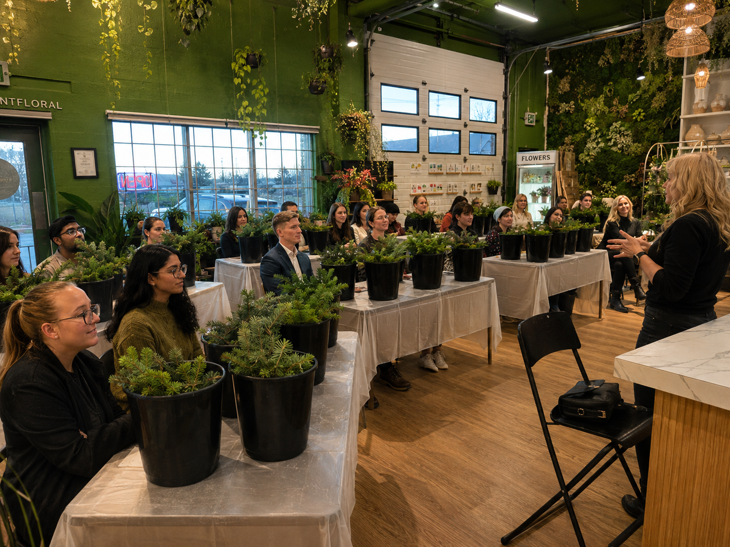 A woman giving a presentation to a group of people sitting at tables in a plant store or nursery, with various potted plants on the tables and a bright, green interior.