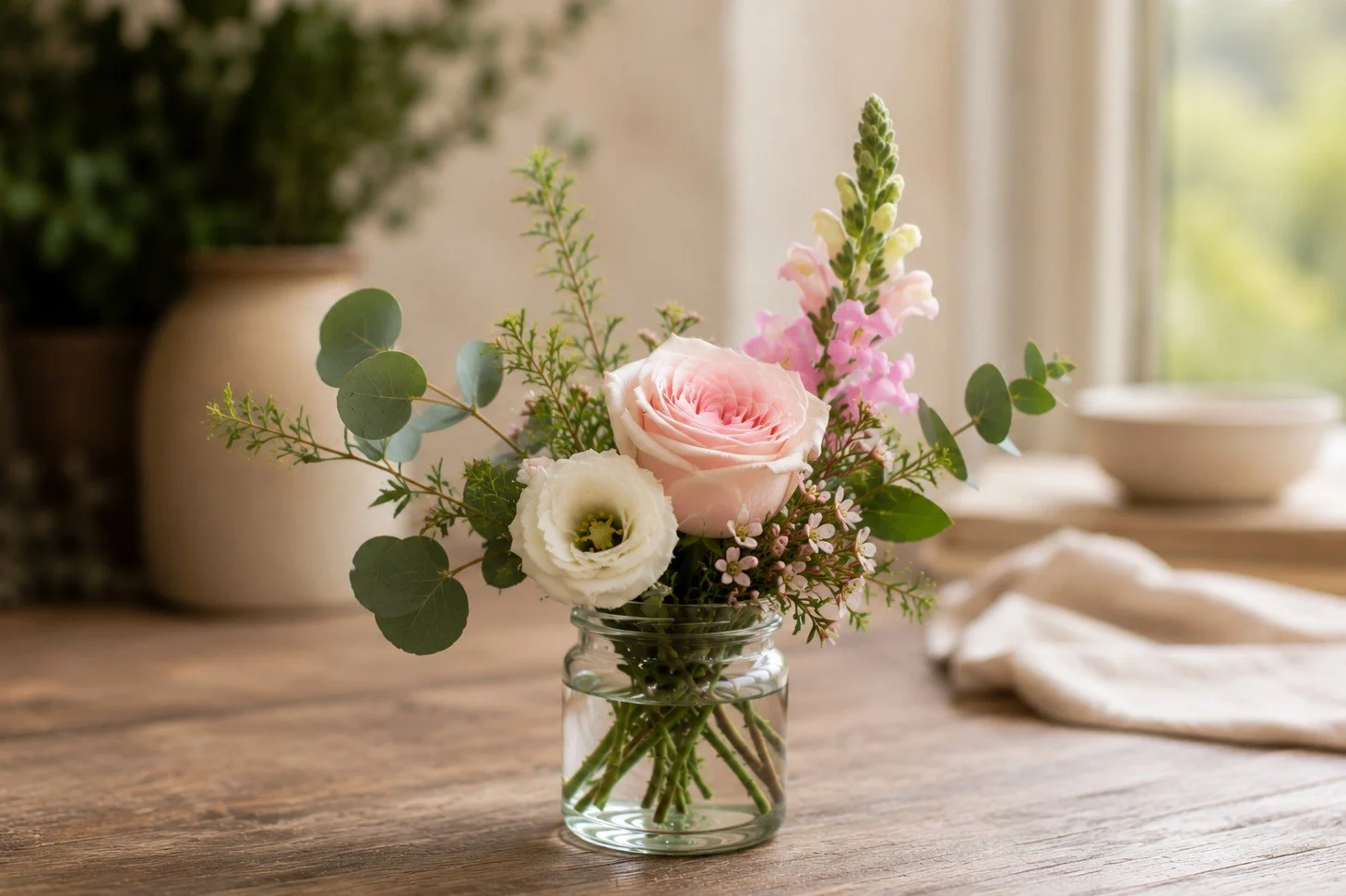 A glass jar with pink and white flowers, including roses and snapdragons, on a wooden table near a window with a blurred background of potted plants.
