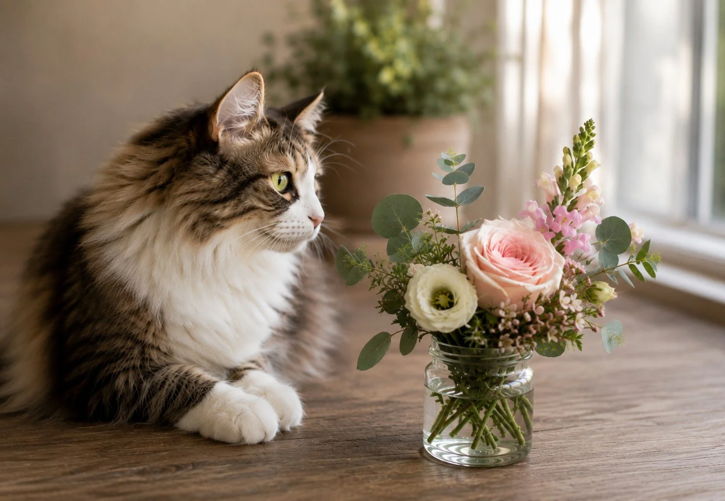 A fluffy tabby cat with green eyes sitting on a wooden table next to a glass jar bouquet of pink roses and white flowers with greenery, near a window with sunlight