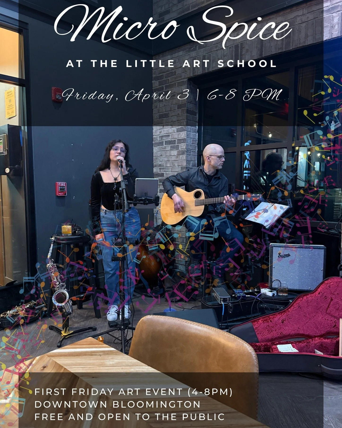 Pop-up show announcement!! Art and Live Music - a perfect way to beat the rainy day blues. Join Micro Spice at @thelittleartschool6 in @@downtownbloomington for First Friday on April 3rd. We'll be playing stripped down covers of pop, indie, and jazz 