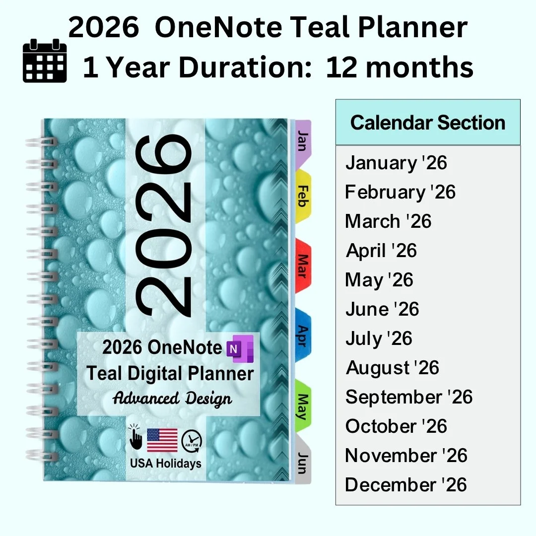 2026 OneNote digital planner – 12-month duration overview, Advanced USA edition layout