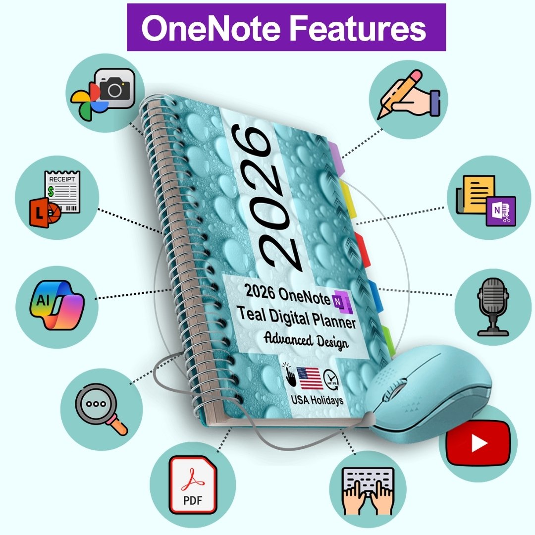 Preview of advanced 2026 OneNote digital planner with USA holidays, hyperlinked tabs, and AI-powered features