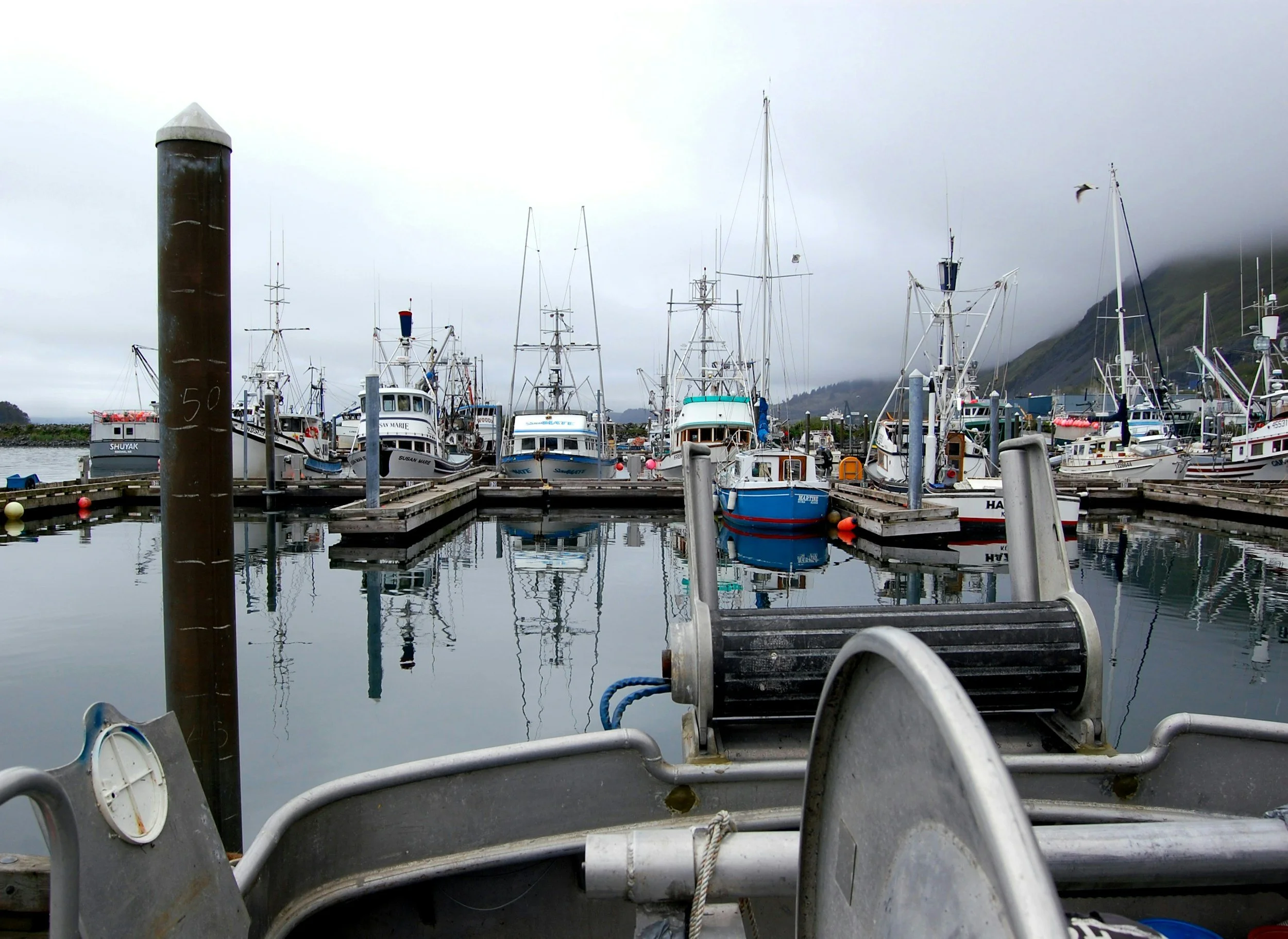 A boat dock with multiple boats tied to the piers, misty hills in the background, and cloudy sky overhead.