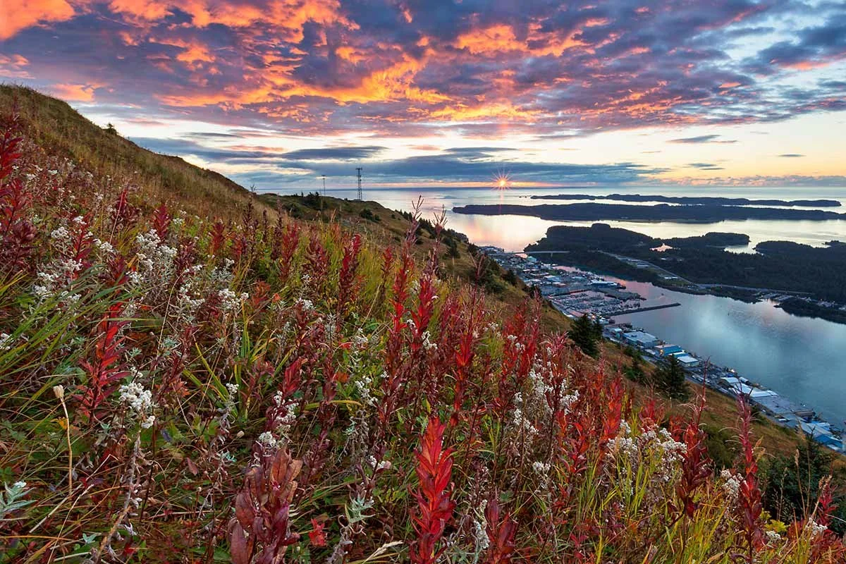Sunset over a coastal landscape with colorful sky, hillside covered in red, white, and green vegetation, and a harbor with boats in calm water.