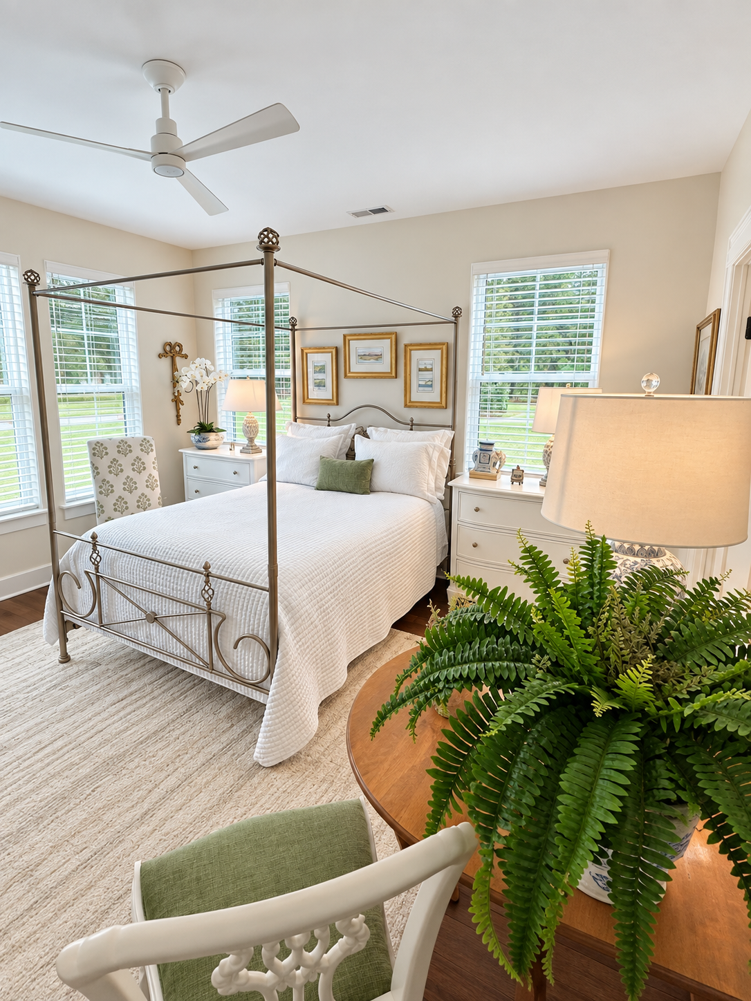 A timeless bedroom where antique character meets fresh, collected style. ✨

We revitalized this antique cast iron bed with a beautiful new powder coat finish by Precision Powder Coating, then layered in original watercolors, Universal bedside chests,