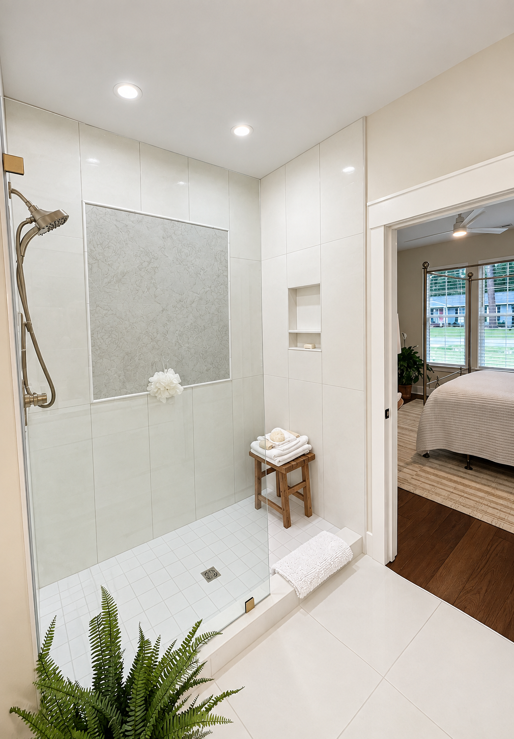 A serene retreat, designed with intention. 

This master bath shower combines clean lines, soft textures, and timeless finishes to create a space that feels both luxurious and effortlessly calming. From the custom tilework to the thoughtfully selecte