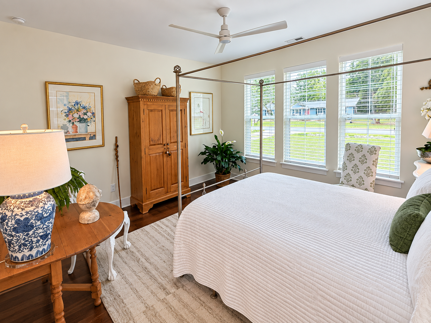 A bedroom where history, artistry, and timeless Southern character come together.

At the heart of this room is a revitalized antique cast-iron bed, beautifully restored and powder coated by Precision Powder Coating. Surrounding it are layers of coll