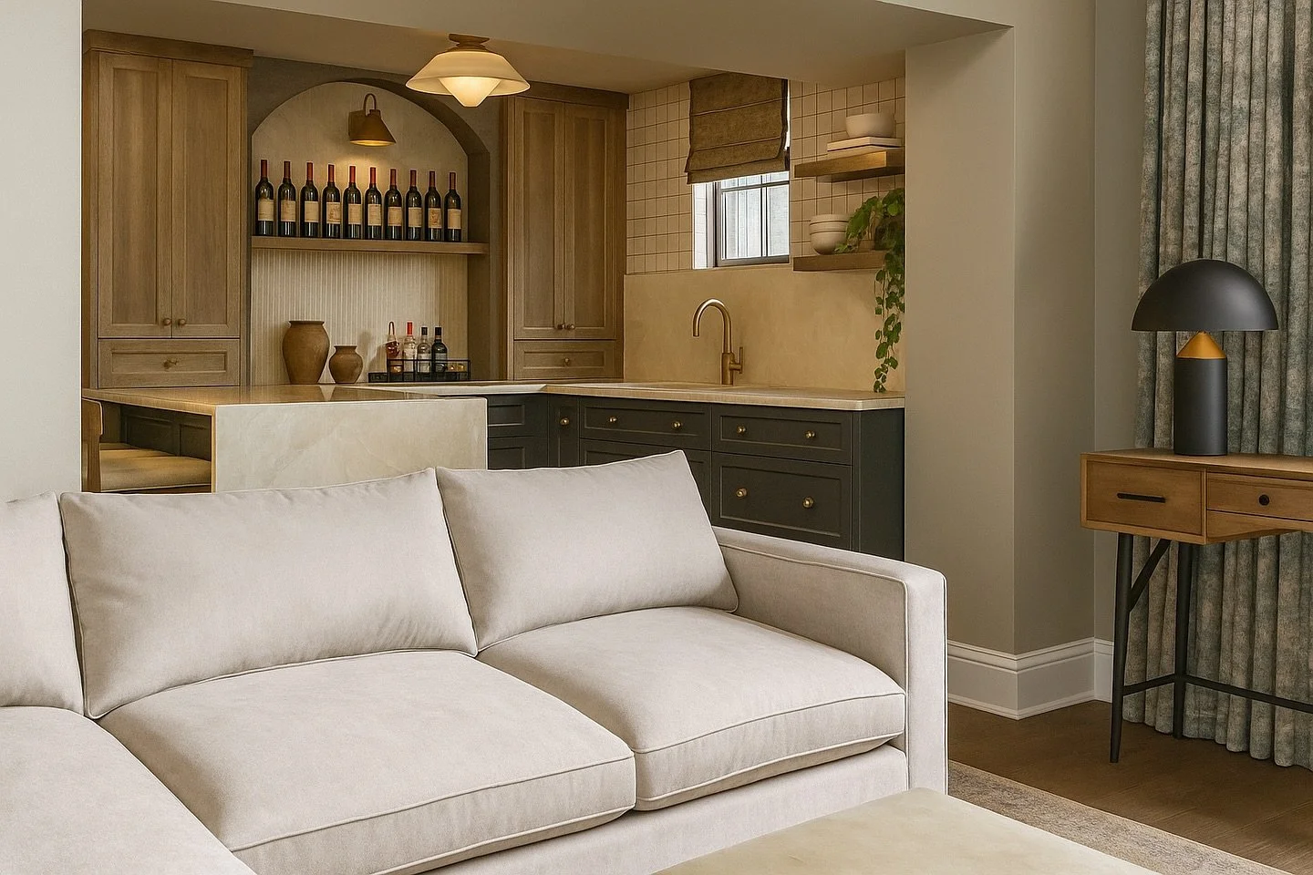 Warm, cozy, and a little bit luxe &mdash; just how we like it. ✨ This basement kitchenette concept is all about creating a space that feels equal parts inviting and refined. From the rich onyx countertops to the subtle textured wall finish, every det