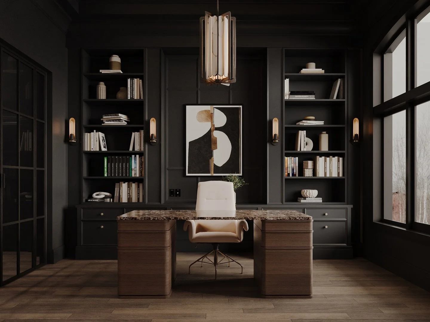 A home office designed to feel powerful, calm, and beautifully intentional.

Moody tones, rich textures, and thoughtful lighting come together to create a space where focus meets sophistication.
Because your workspace should inspire you every single 
