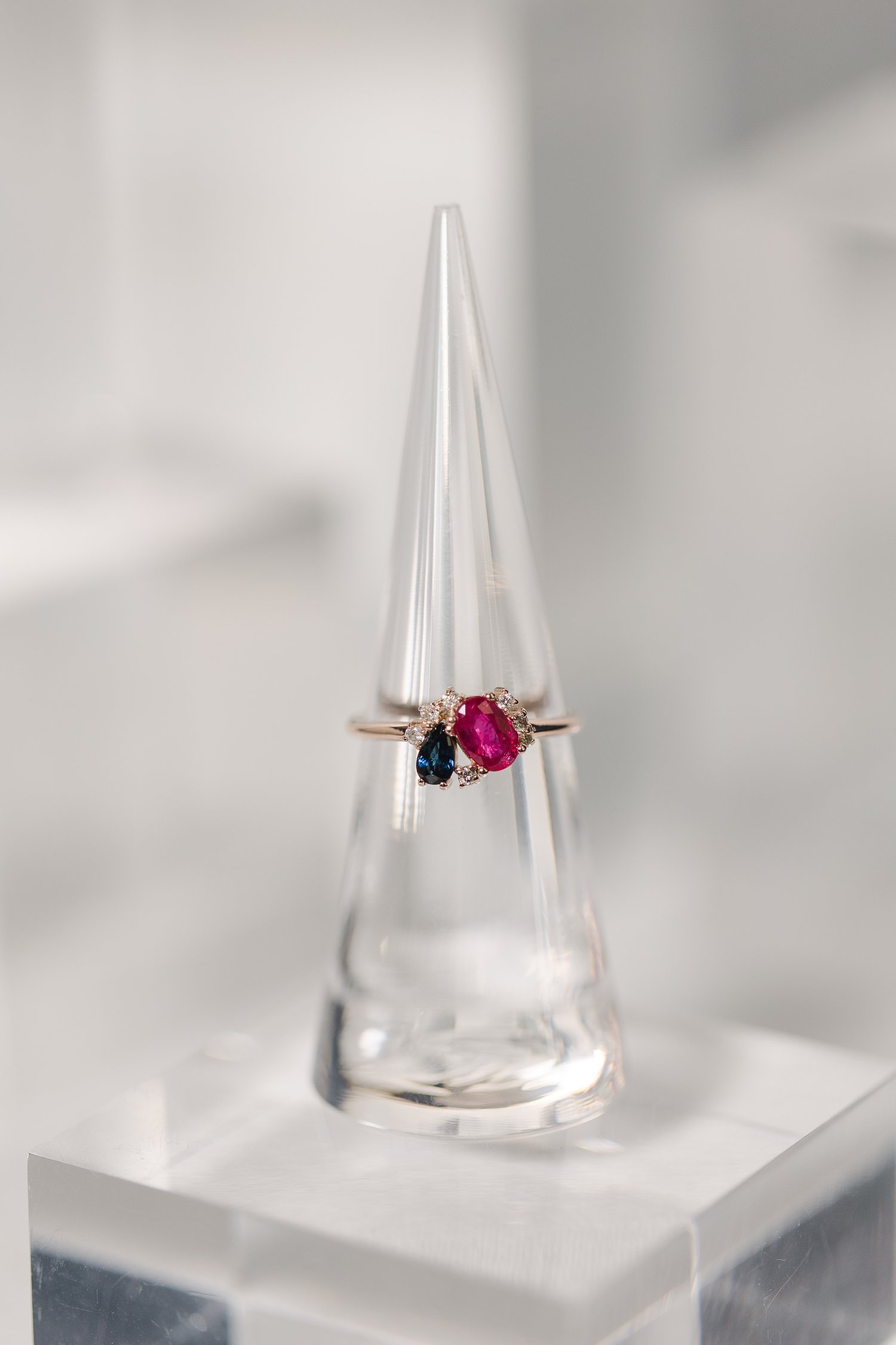 Custom made heirloom redesign cluster style ring featuring diamonds ruby and sapphire  designed by Alexandria &amp; Company fine jewelers