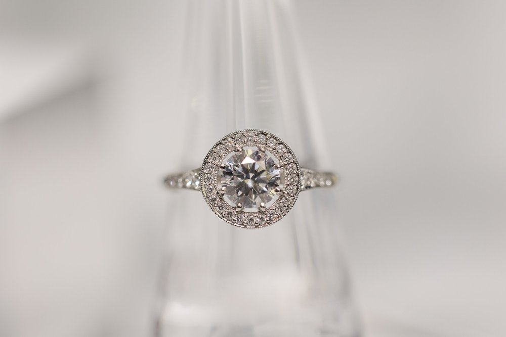 Round brilliant cut diamond halo engagement ring designed by Alexandria &amp; Company in Old town Alexandria 