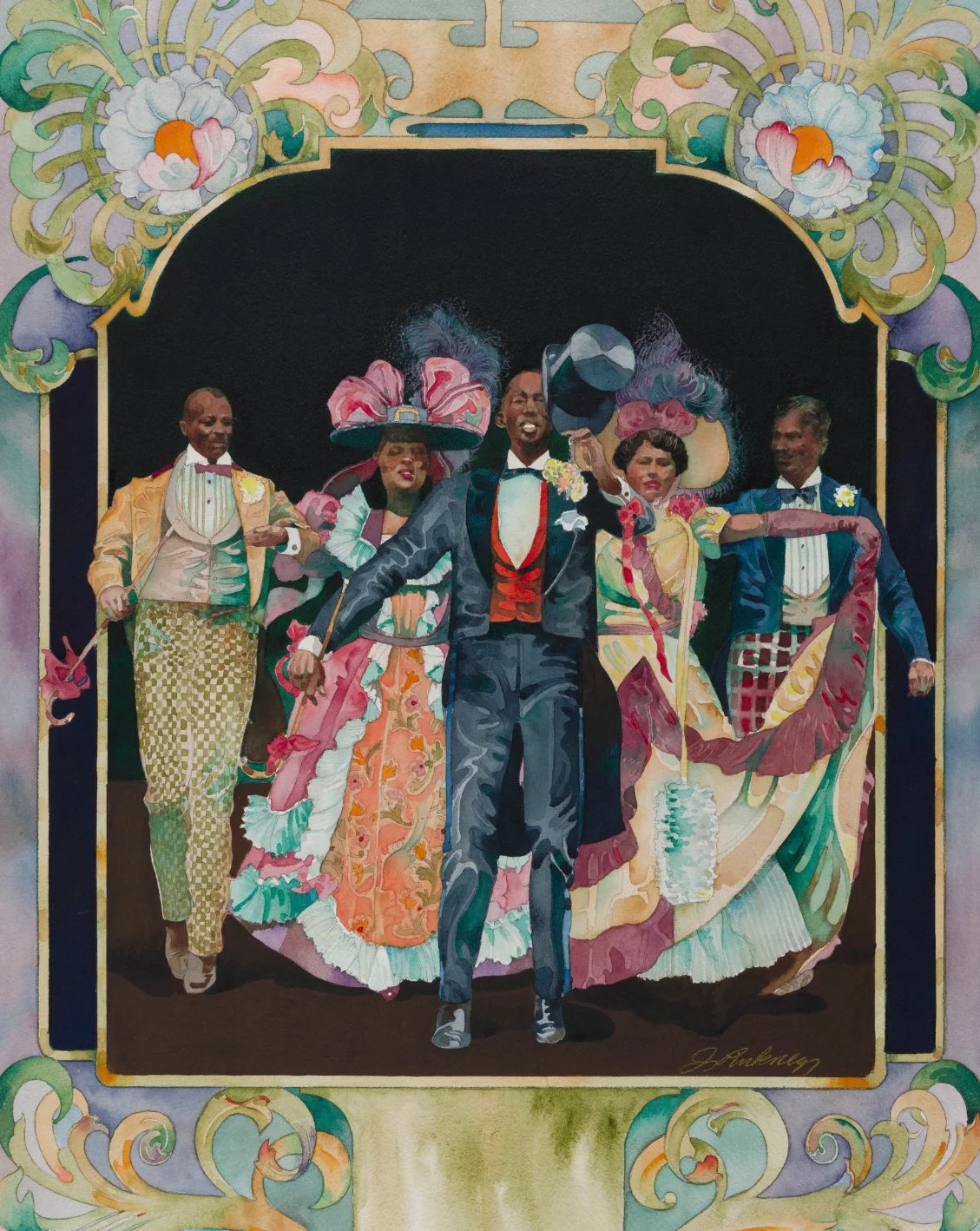A colorful painting of a group of people dressed in vintage carnival or circus costumes, with a man in a tuxedo at the center, holding a ball and surrounded by other performers in elaborate, feathered costumes, in front of a decorated ornate frame.