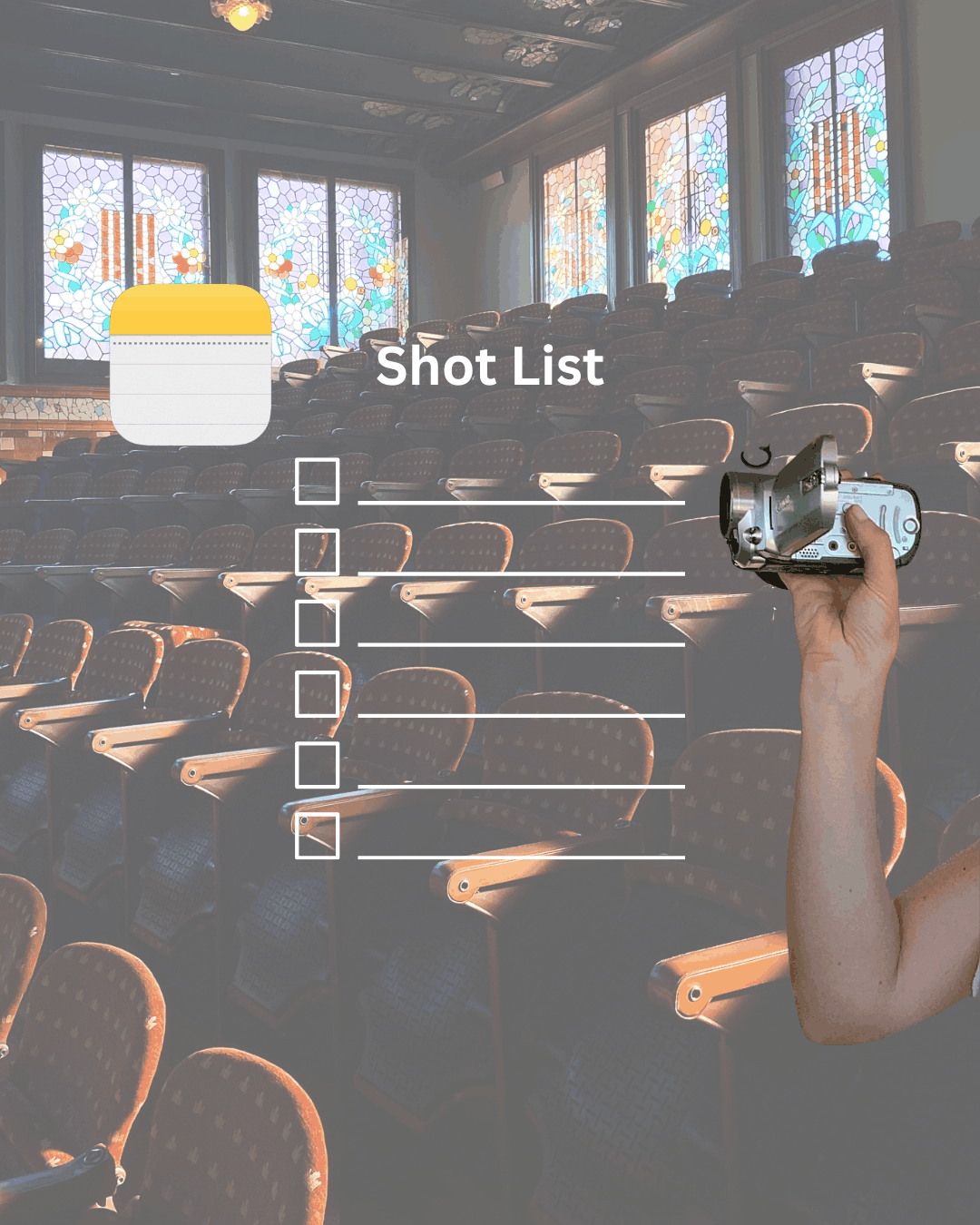 Illustration of a blank 'Shot List' checklist overlaid on a photo of an empty auditorium, with a hand holding a camcorder pointed at the empty seats — representing rigid influencer briefs that leave no room for creator input.