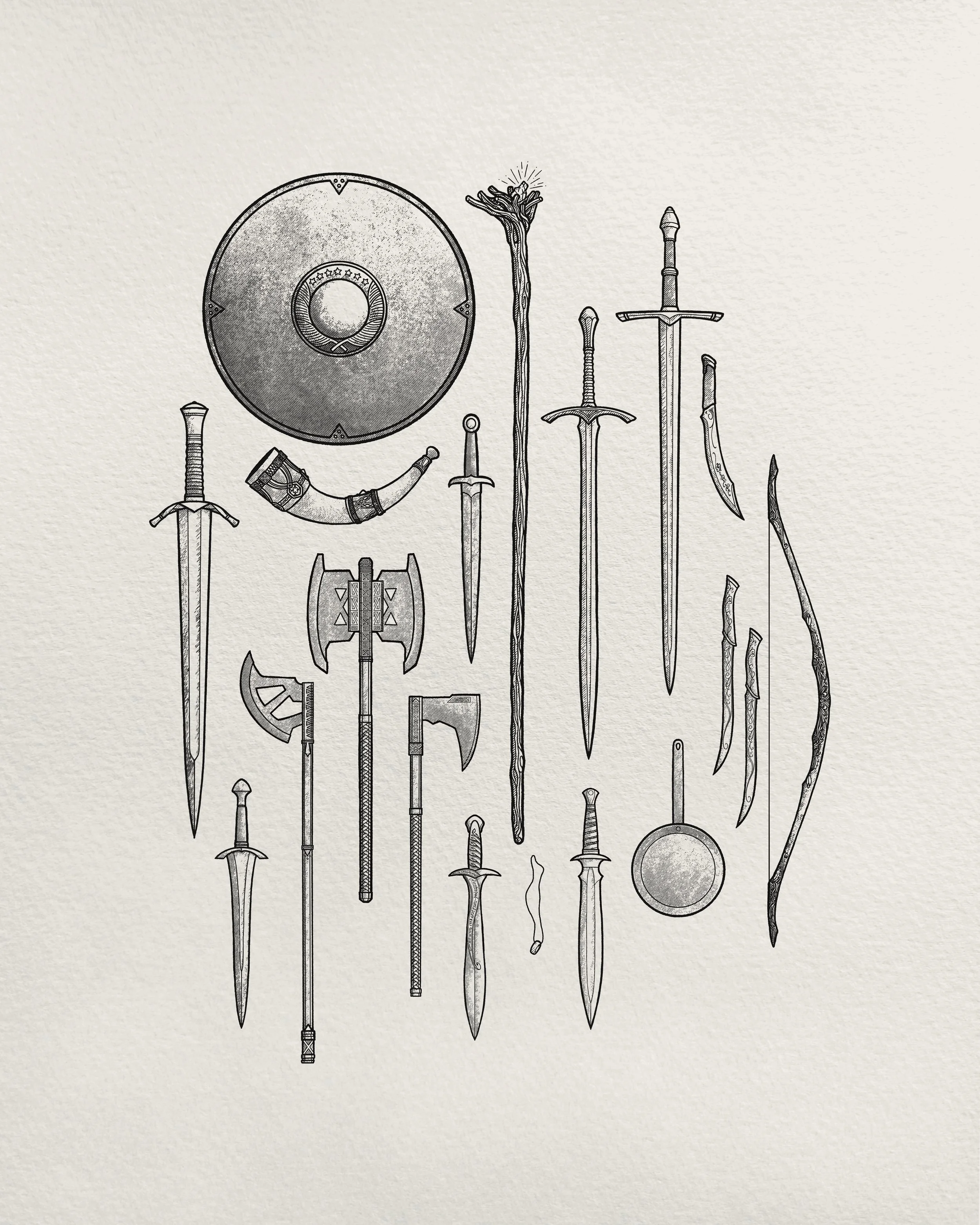 Drawing of various medieval weapons including swords, axes, a bow, a shield, and other weaponry arranged on a beige background.