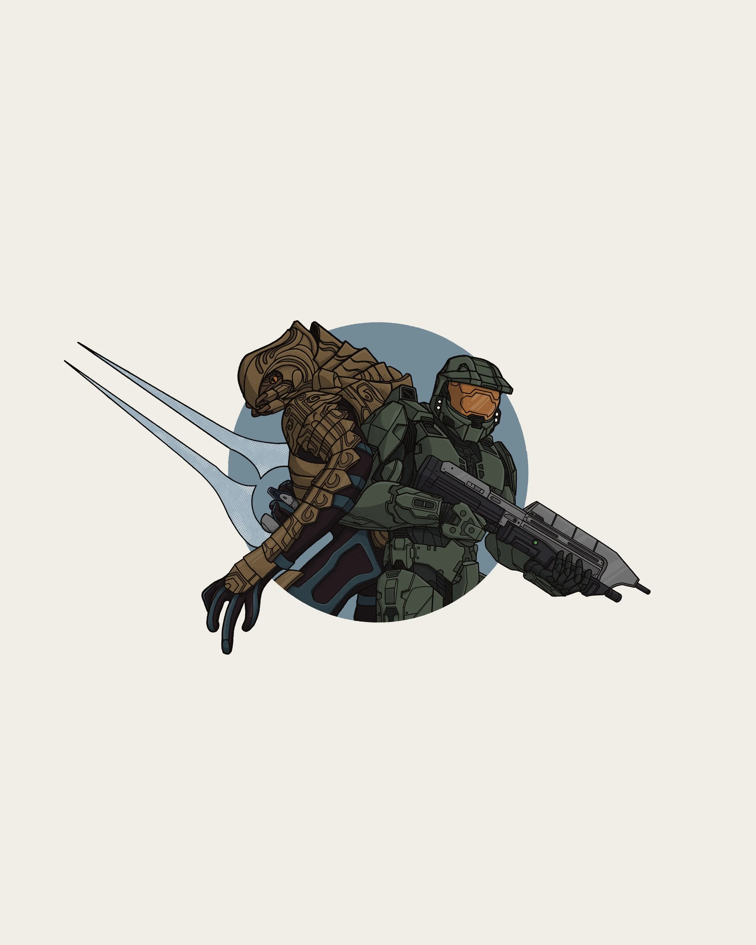 Illustration of a soldier in green armor holding a gun, standing with a creature resembling a wispy, brown alien with elongated fingers, set against a blue circle background.