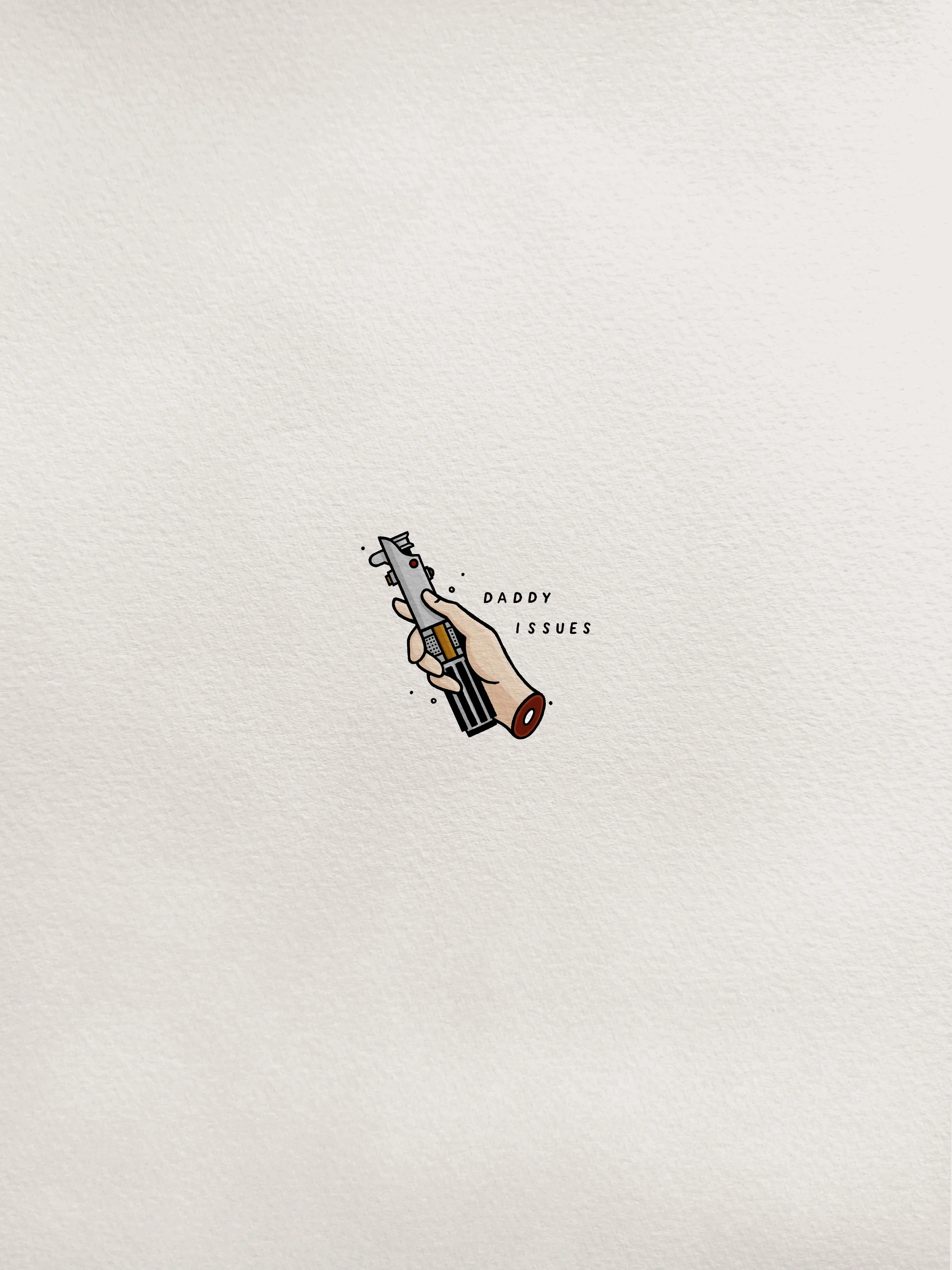 Cartoon illustration of a hand holding a gun, with the text "Daddy Issues" next to it.