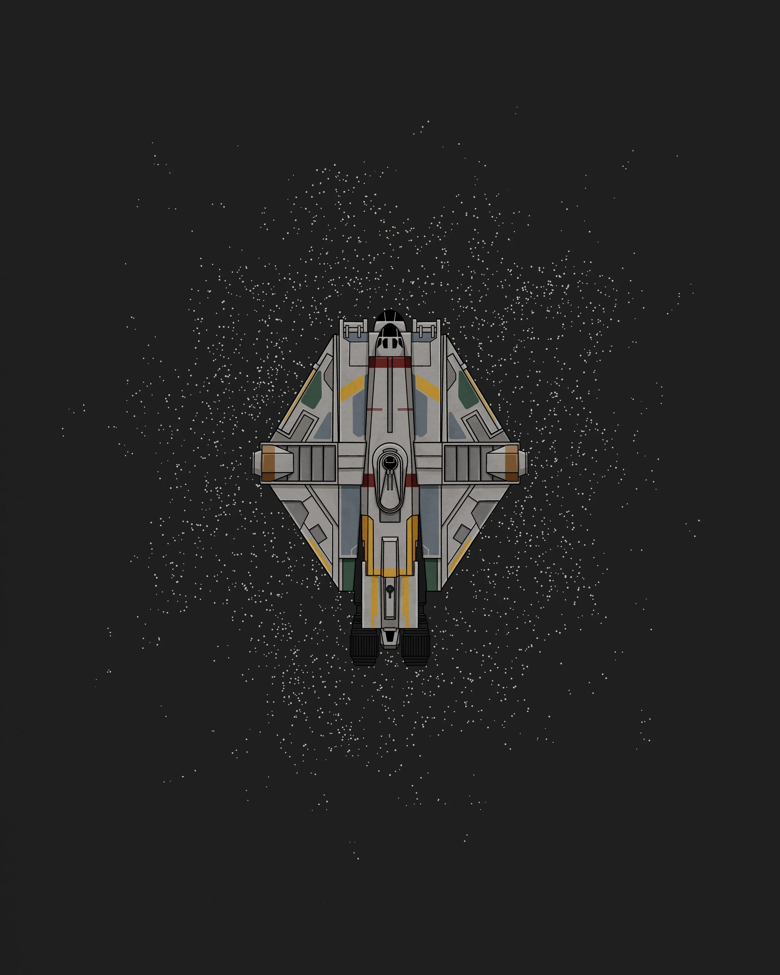 Top-down view of a spaceship floating in space surrounded by stars against a black background.