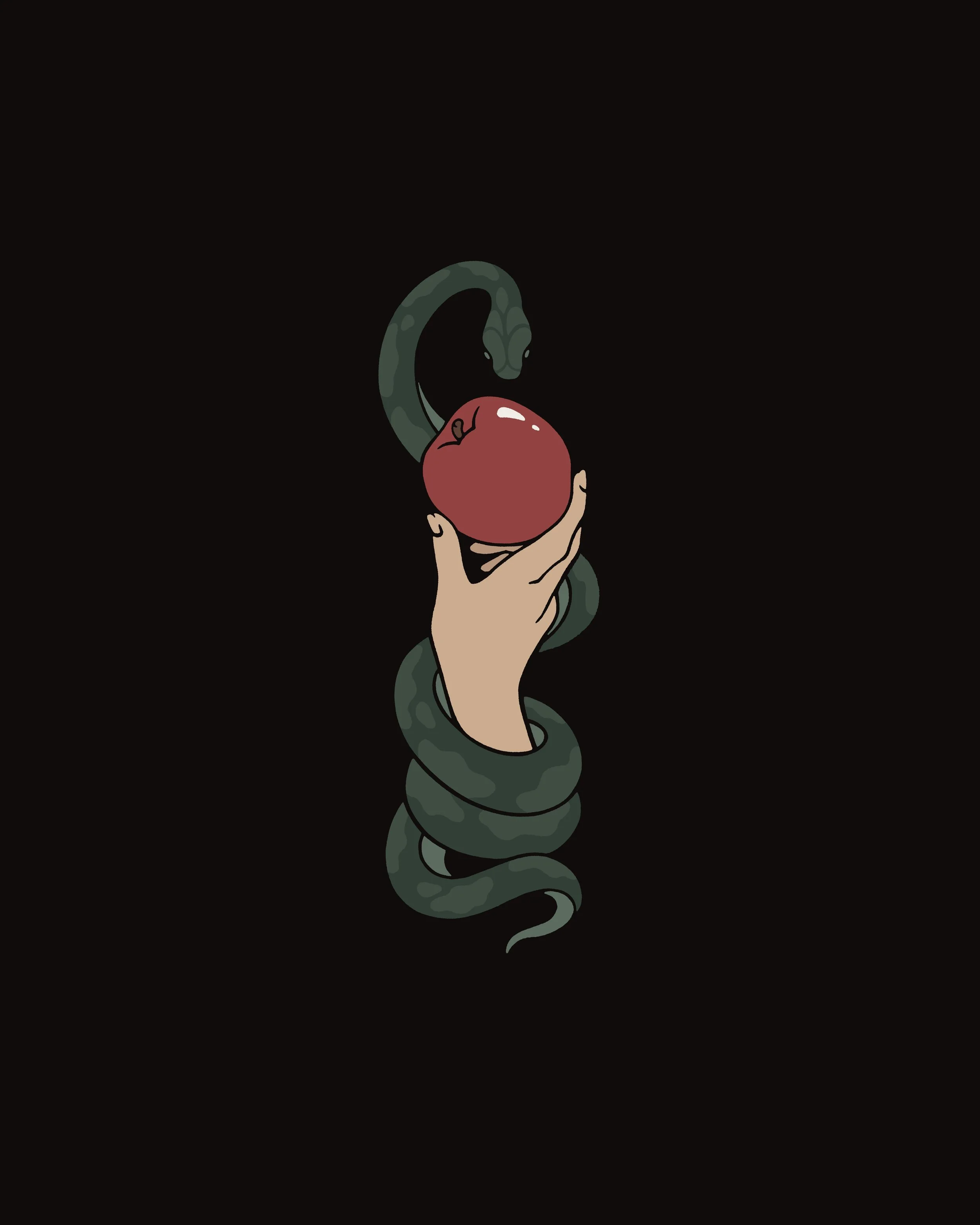 A snake coiled around a hand holding a red apple against a black background.
