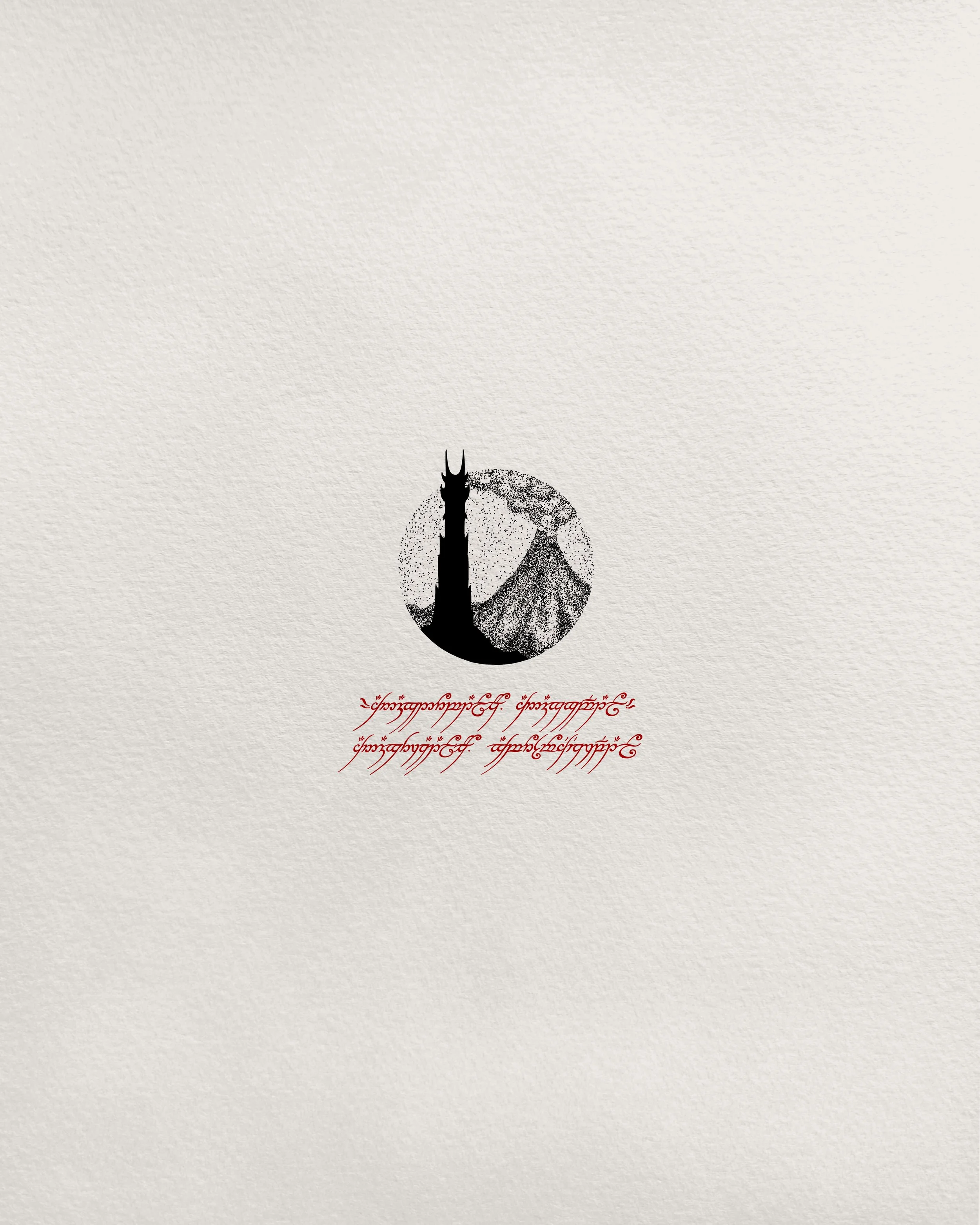 A minimalist design featuring a black silhouette of a tower, a mountain, and smoke, with decorative red script underneath, on a textured beige background.