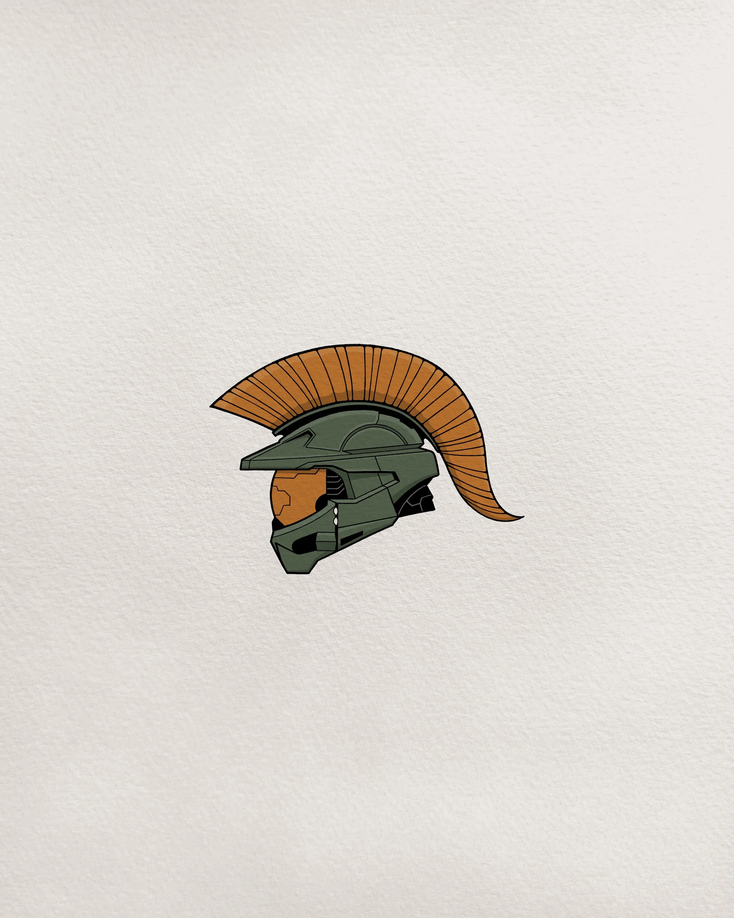Animated illustration of a futuristic Spartan helmet with a green metallic finish and an orange crest.