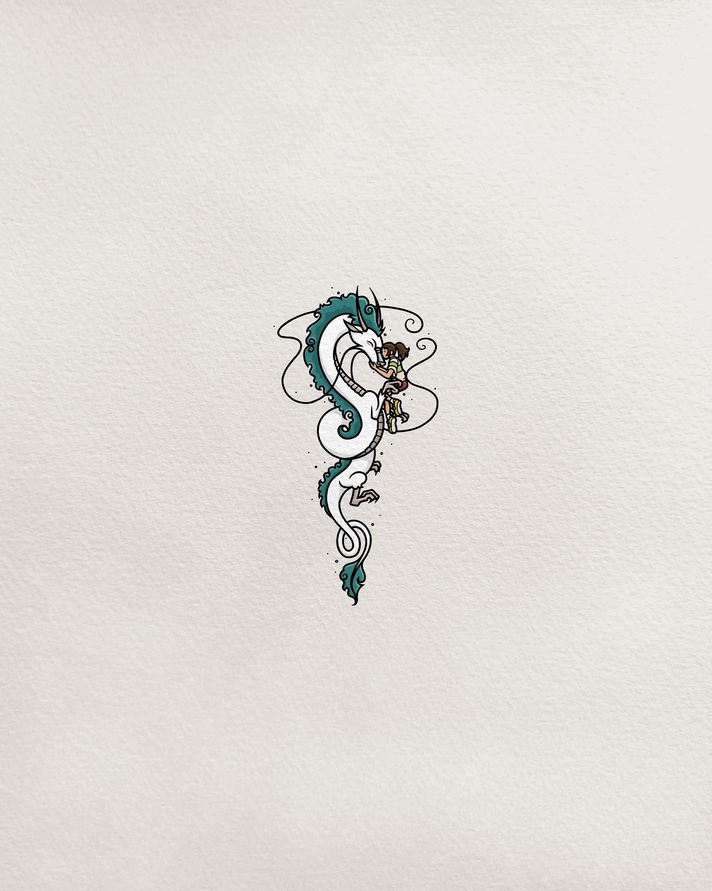 A colorful tattoo-style illustration of a white and blue dragon curled around a girl with brown hair, wearing a striped shirt and yellow pants, on a light-colored textured background.