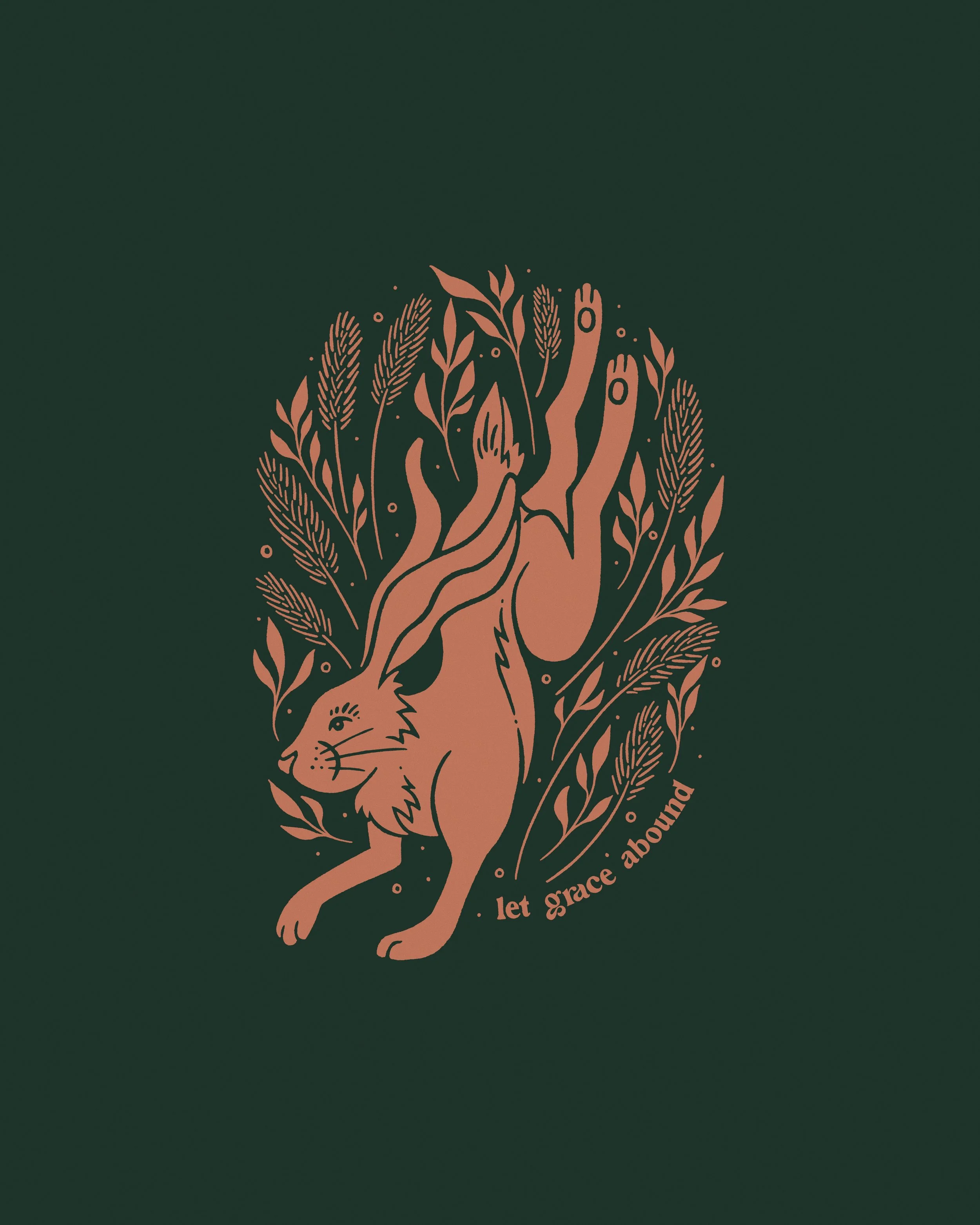 Illustration of a hare surrounded by leafy plants on a dark green background, with the phrase 'let grace abound' written below.