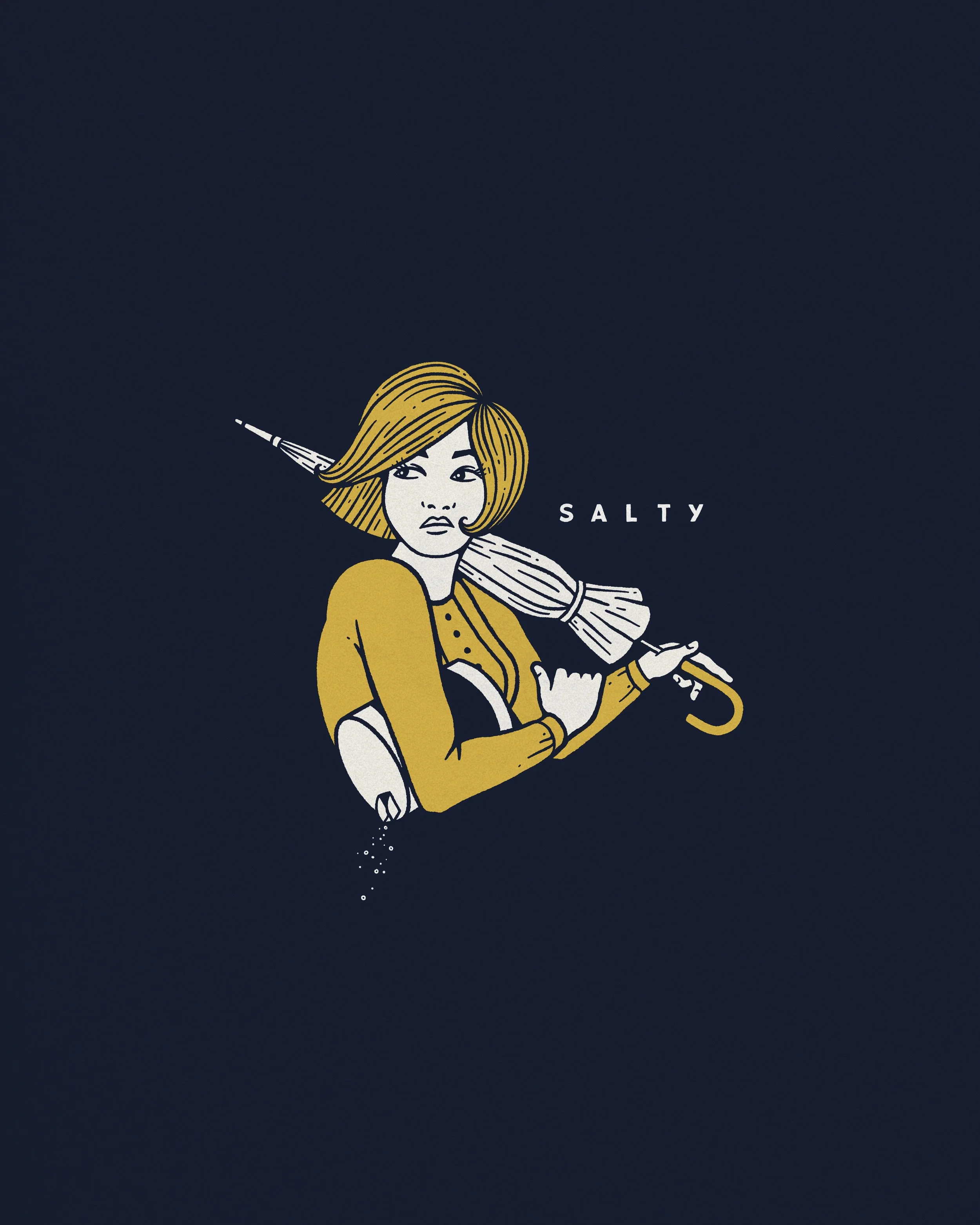 Illustration of a woman with short hair holding a large umbrella over her shoulder, with the word "salty" to the right.