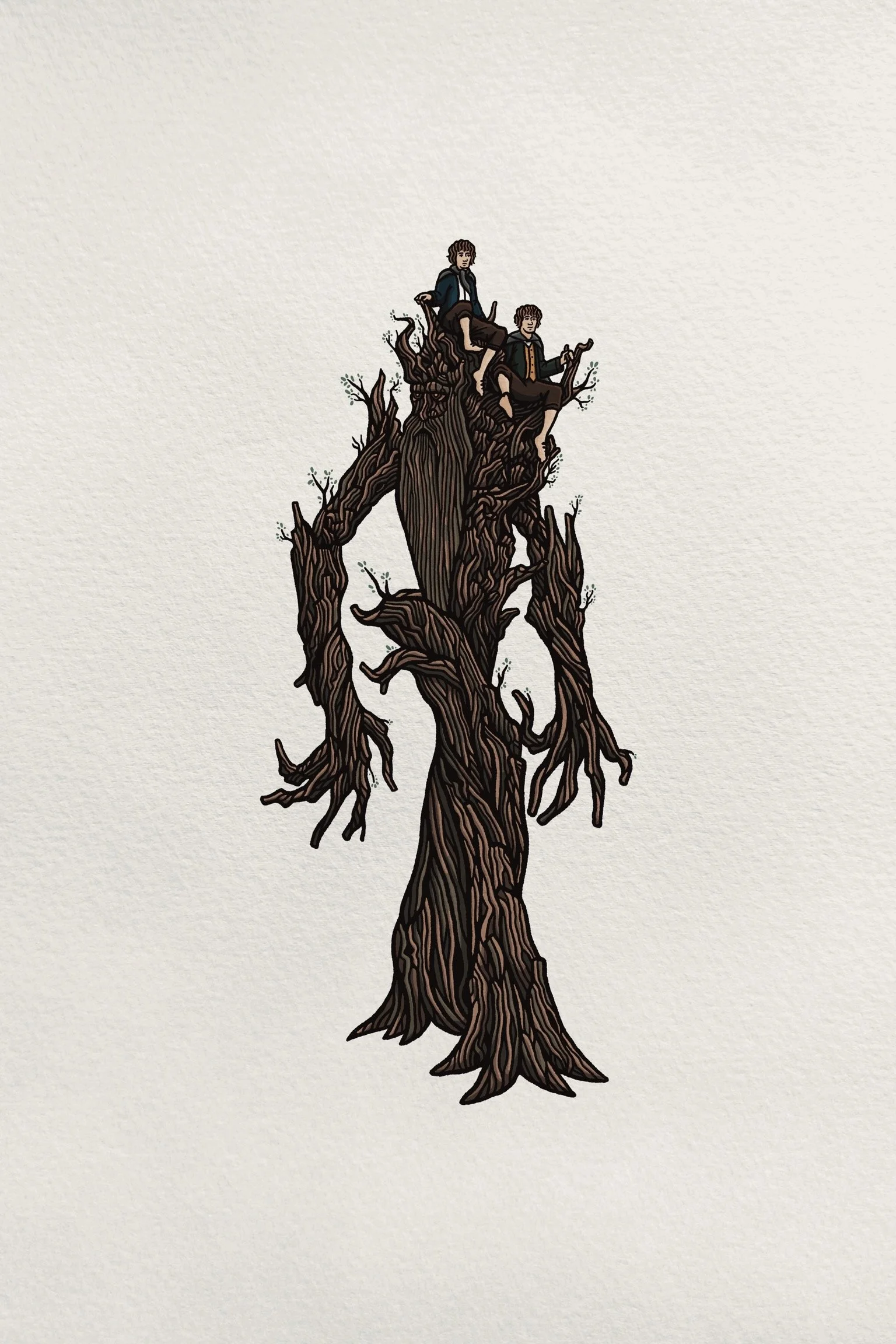Illustration of a large, old tree with two people sitting on top of it, one reading and the other looking into the distance.