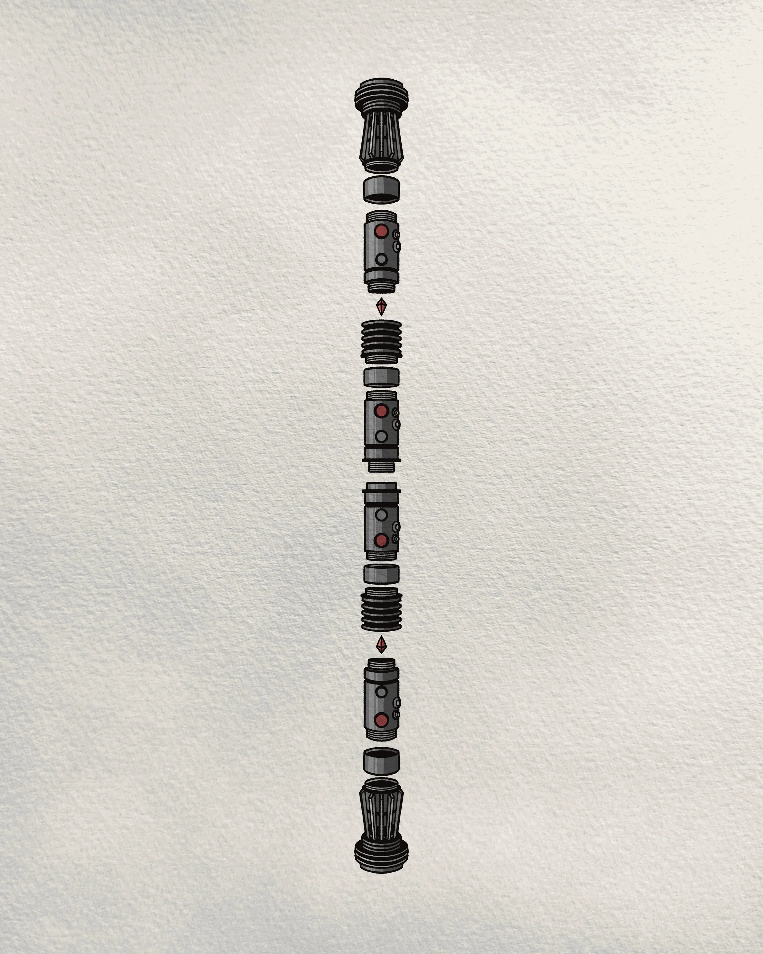 A vertical illustration of a pump-action shotgun disassembled into its parts on a textured background.