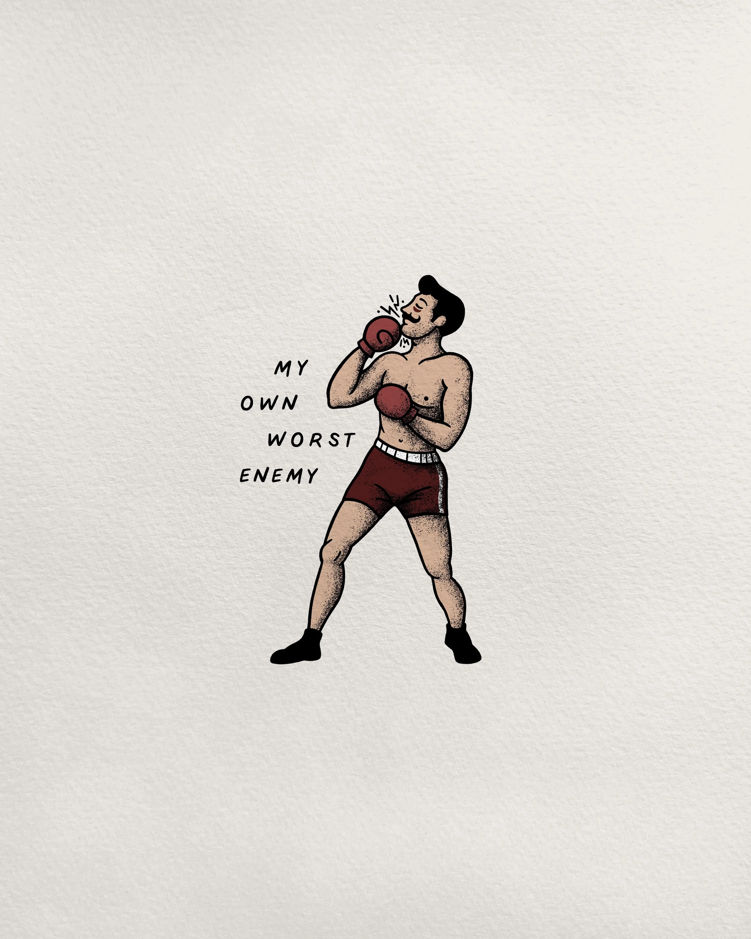 A cartoon boxer man in red shorts and black sneakers, drinking from a brown bottle with the words 'My Own Worst Enemy' written beside him.