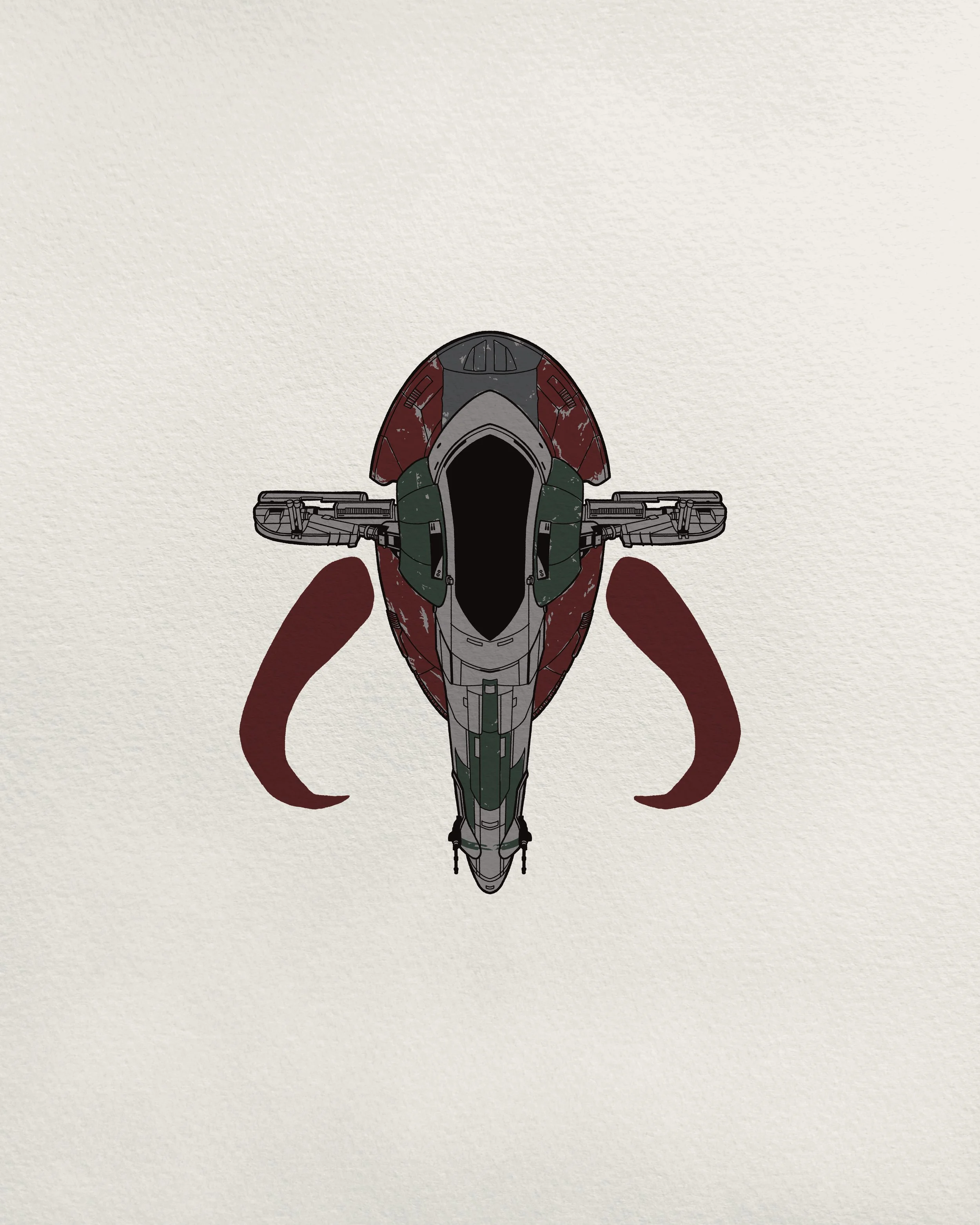 Top view of a fighter jet with red, green, and gray markings, flying against a beige background.