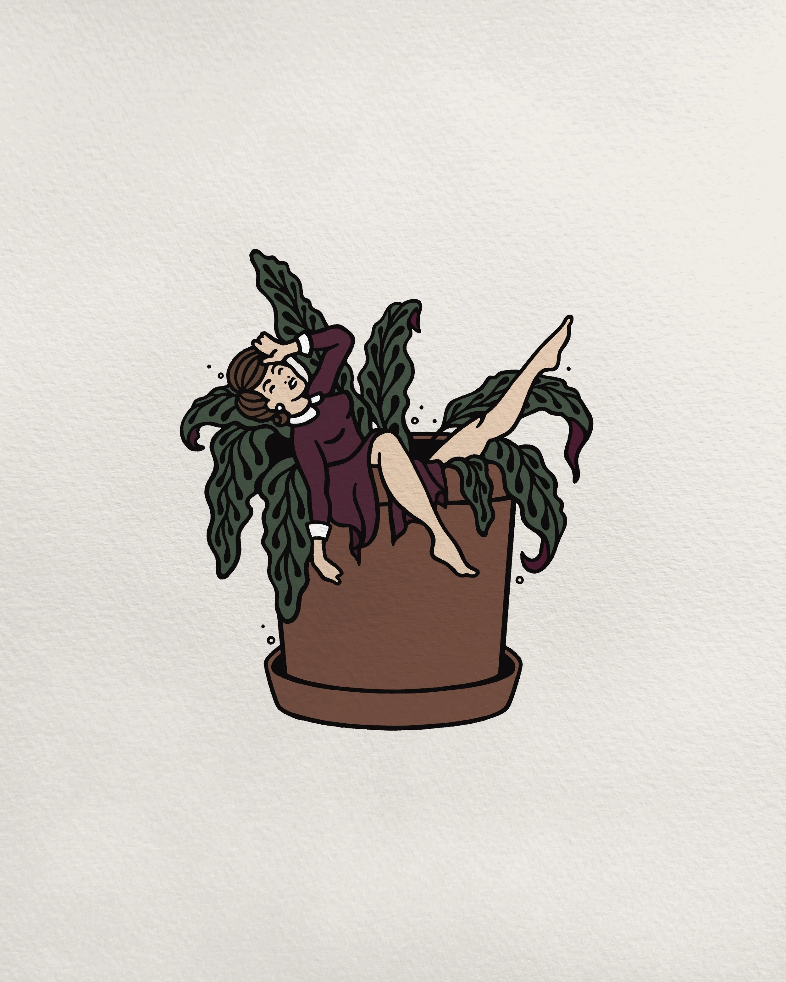 A cartoon illustration of a girl in a purple dress slipping out of a potted plant with large green leaves, looking surprised.
