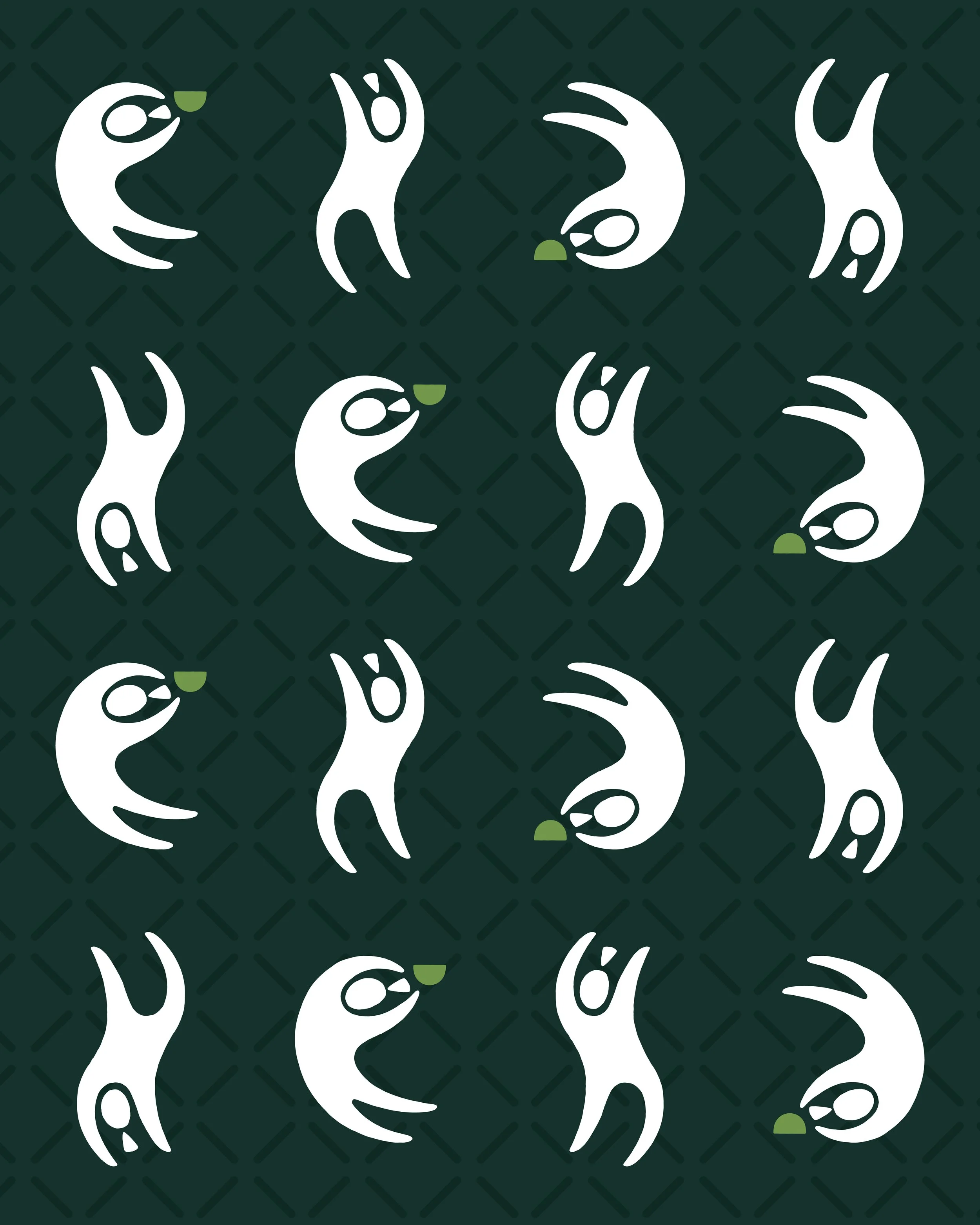 Pattern of stylized white cats with green noses on a dark green background.
