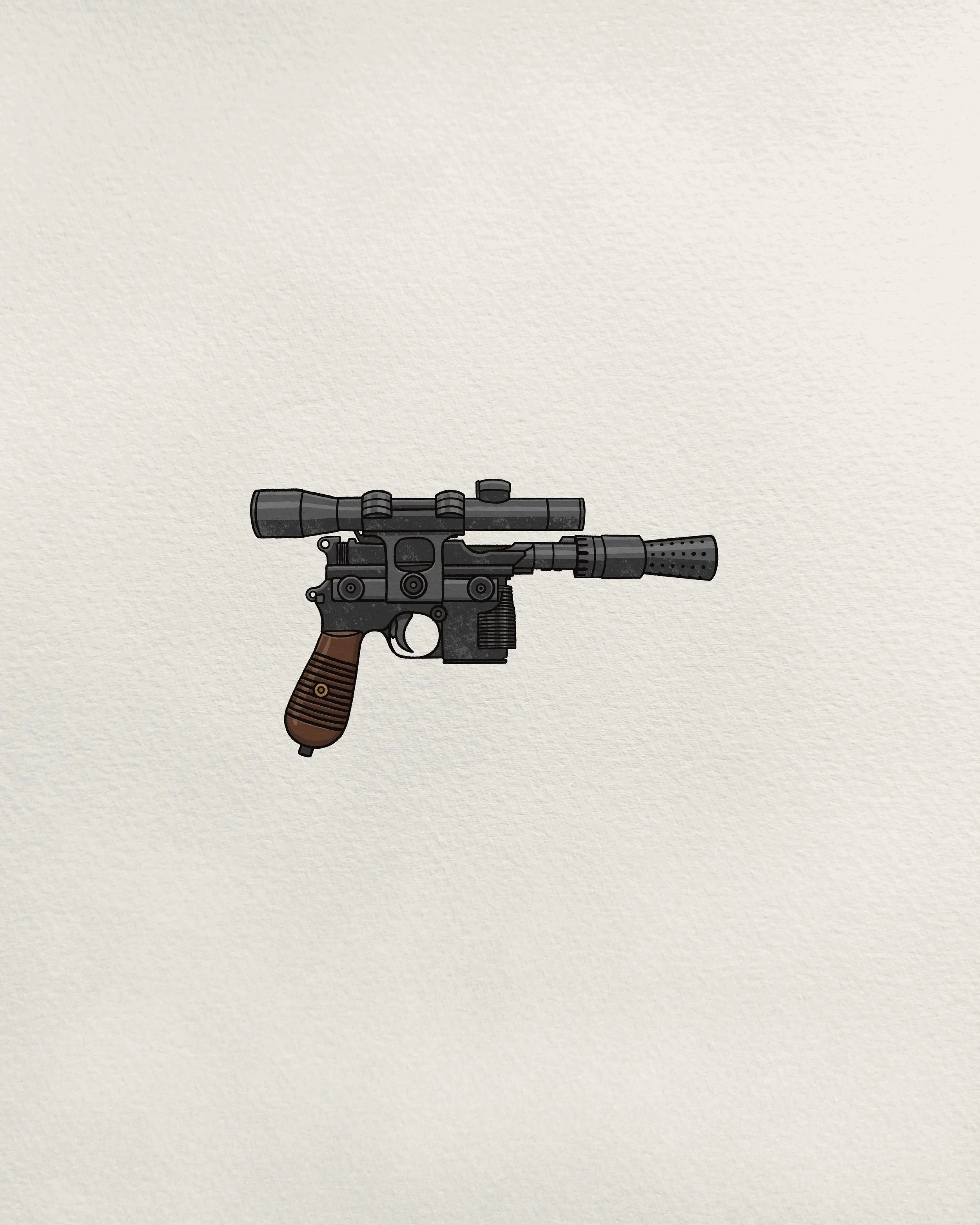 Illustration of a sniper rifle with a scope and wooden handle on a beige textured background.