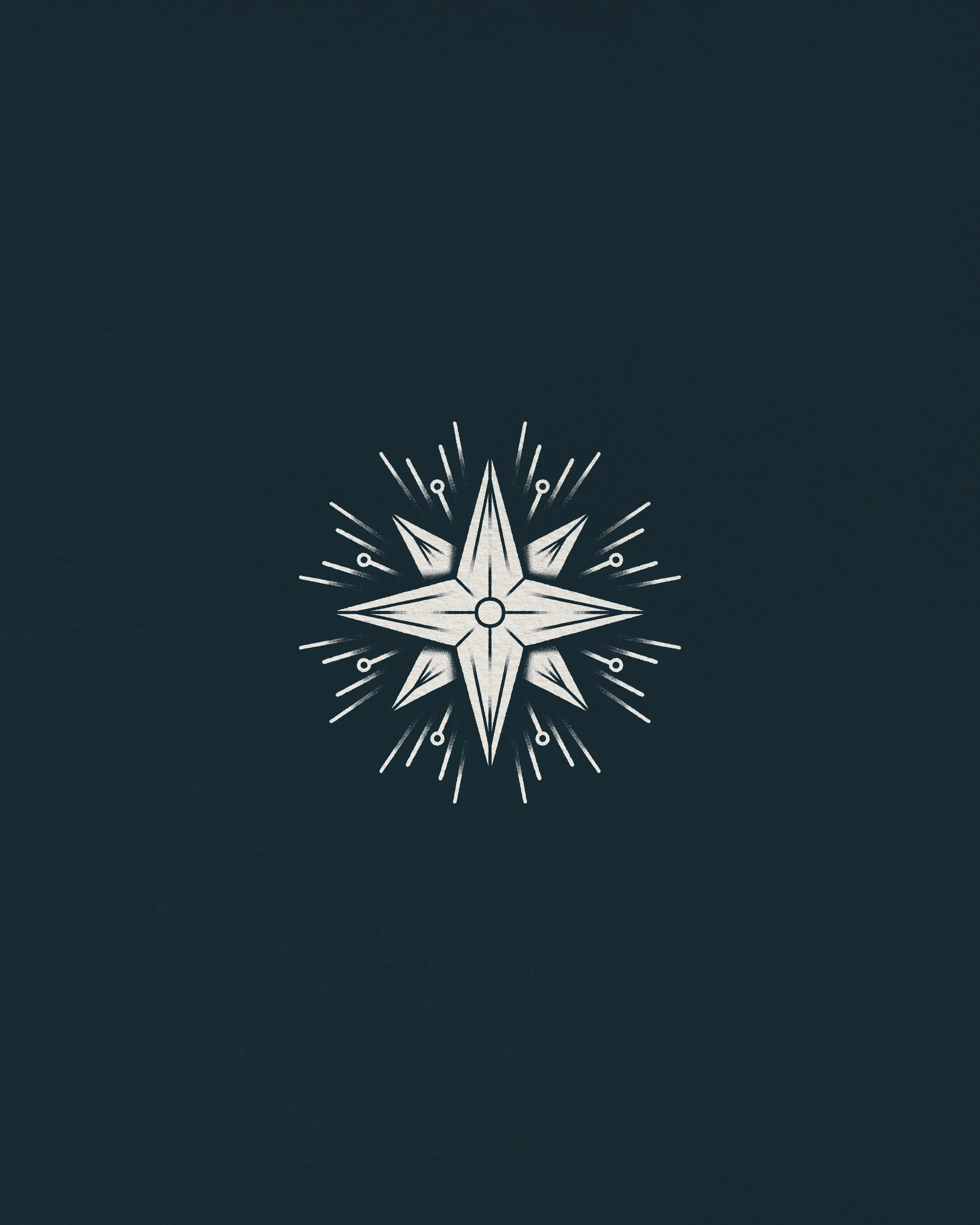 Stylized white compass rose on a dark teal background.