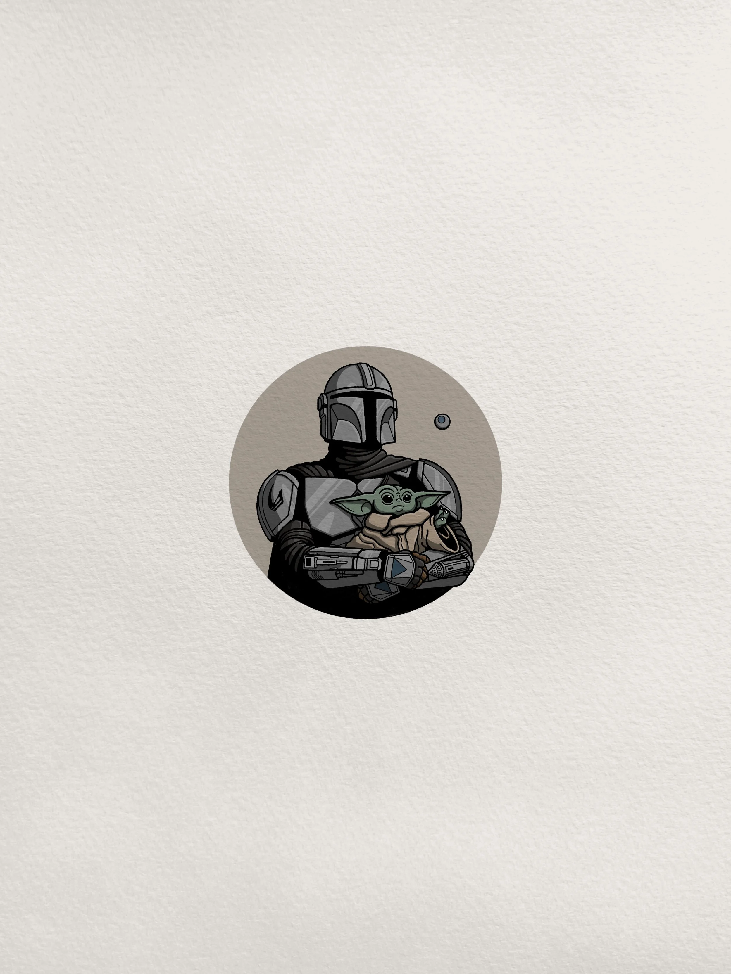 Illustration of a person dressed as a Mandalorian holding Baby Yoda, also known as Grogu, on a plain light background.